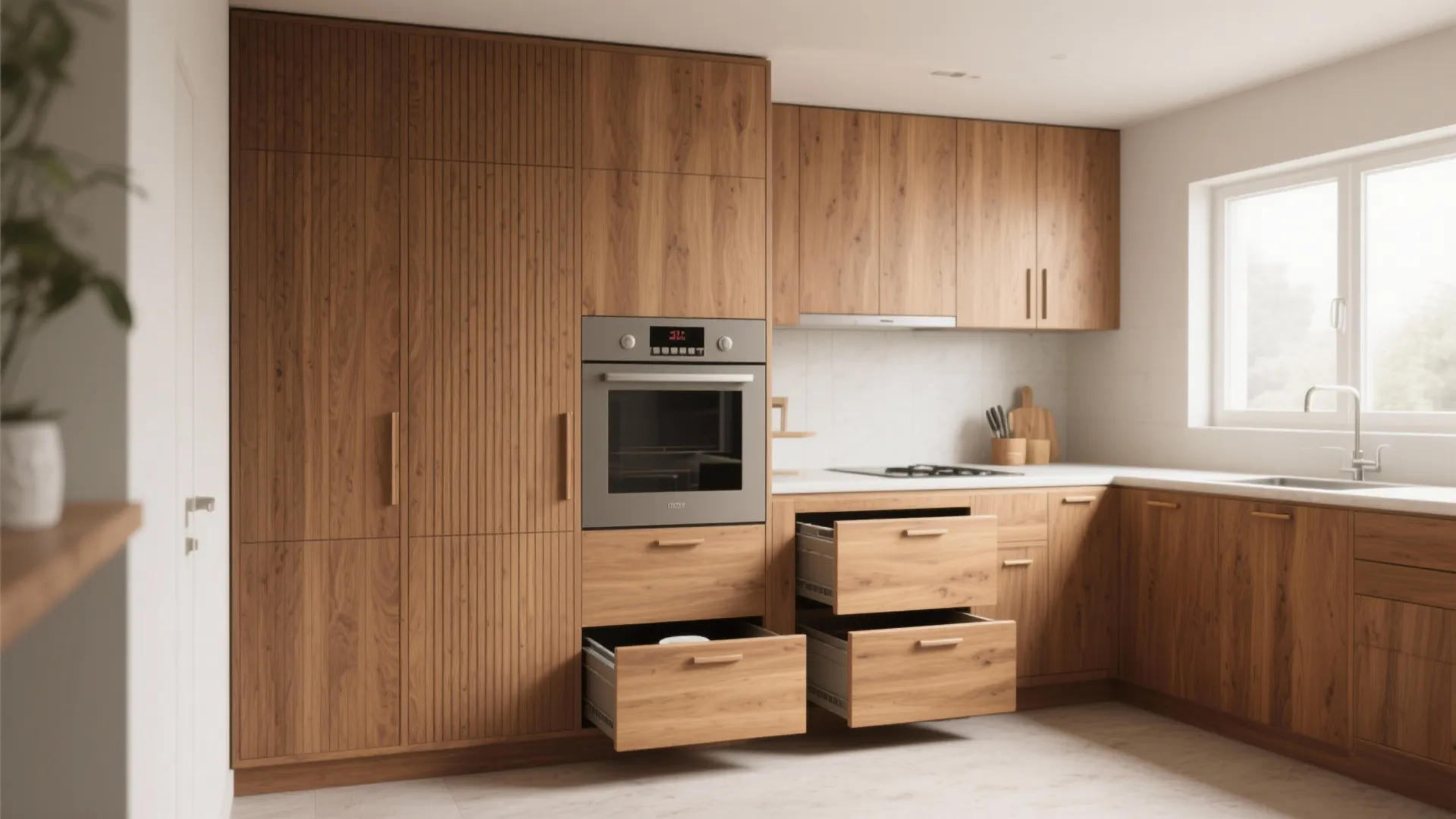 Modern wood kitchen with a tall pantry cabinet and built-in oven with several open drawers below