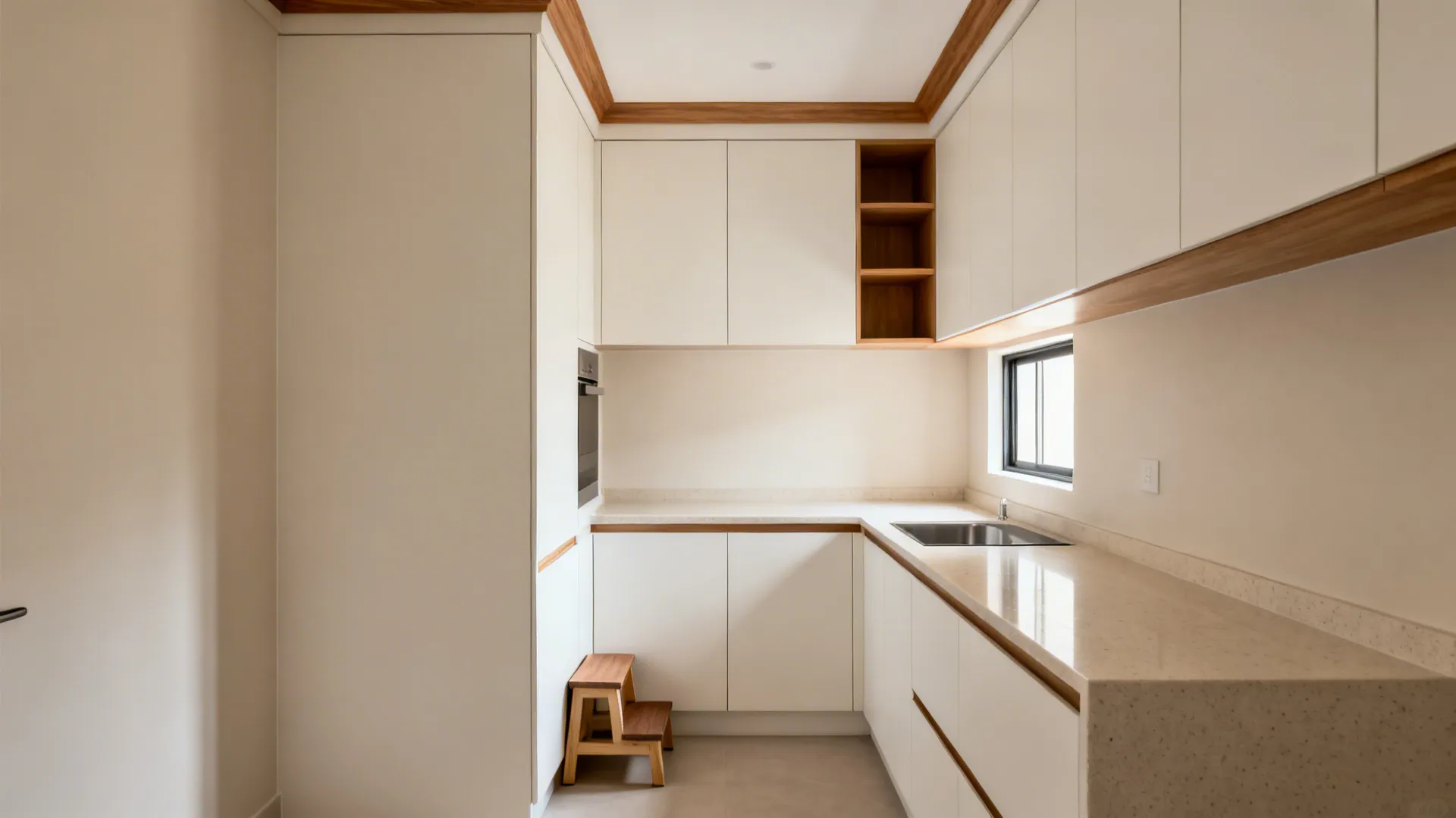 Full-height pantry tower with shallow uppers and open shelves balancing a compact condo galley.