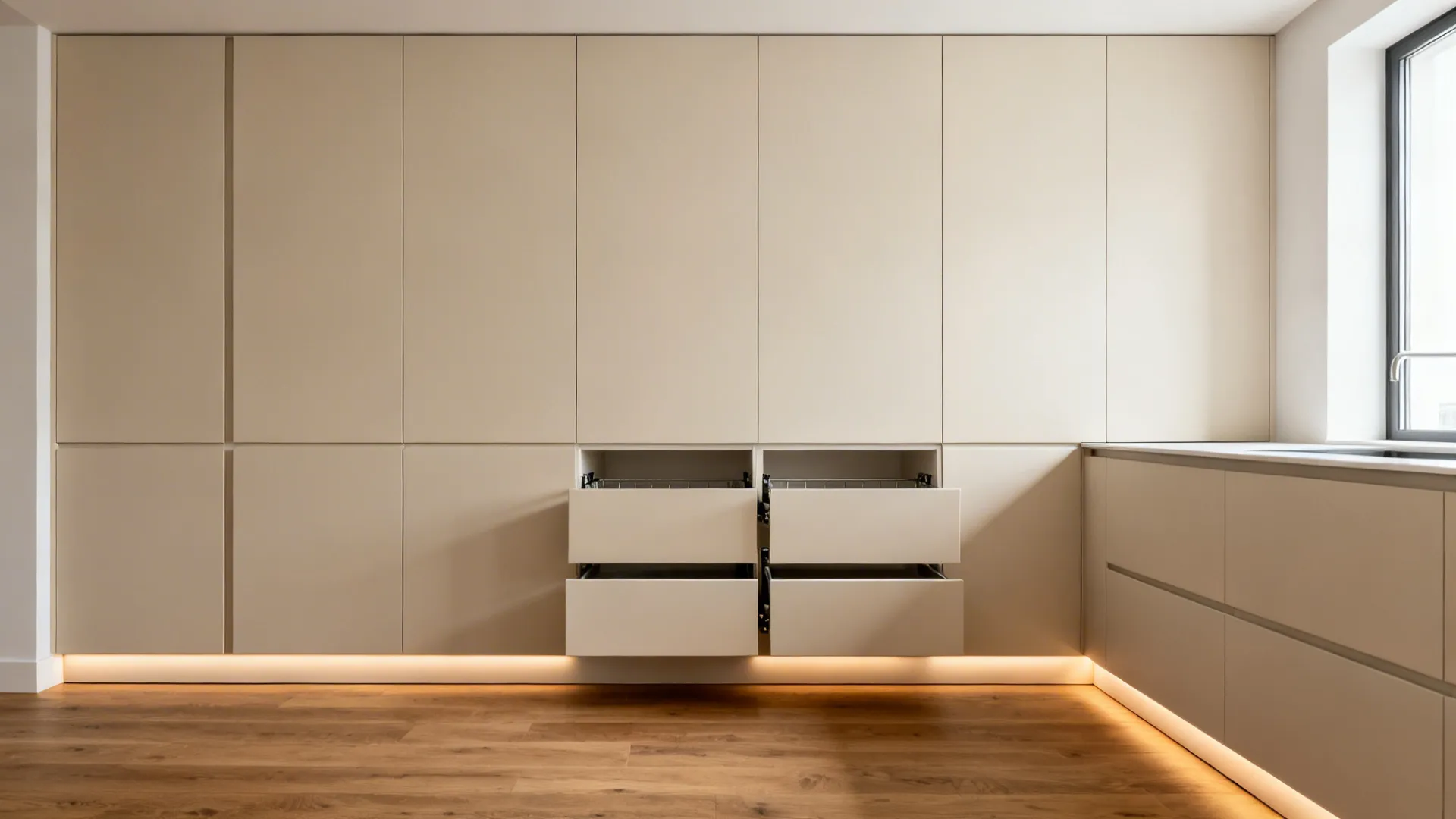 Minimalist full-height pantry wall with handleless matte doors in a compact kitchen.