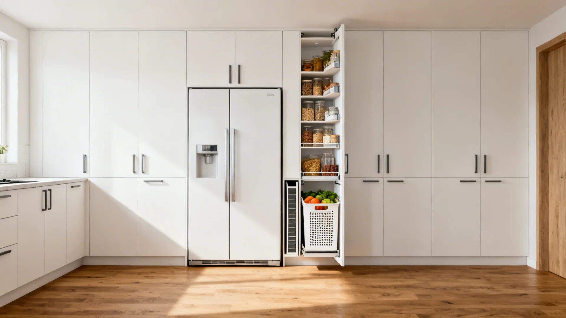 Floor-to-ceiling pantry wall with integrated fridge and slim pull-out in a minimalist galley kitchen.