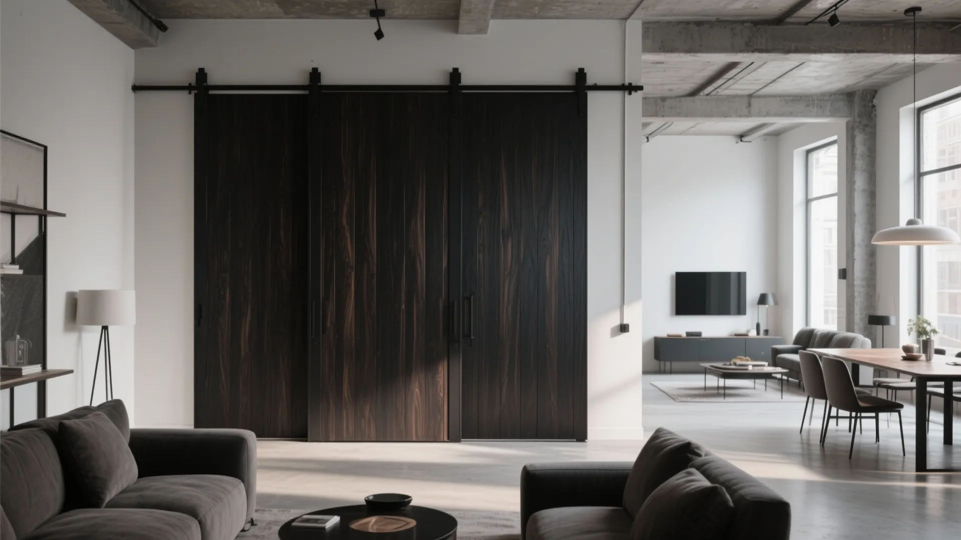 Minimalist living room with dark wood sliding doors white walls grey sofa and dining table area