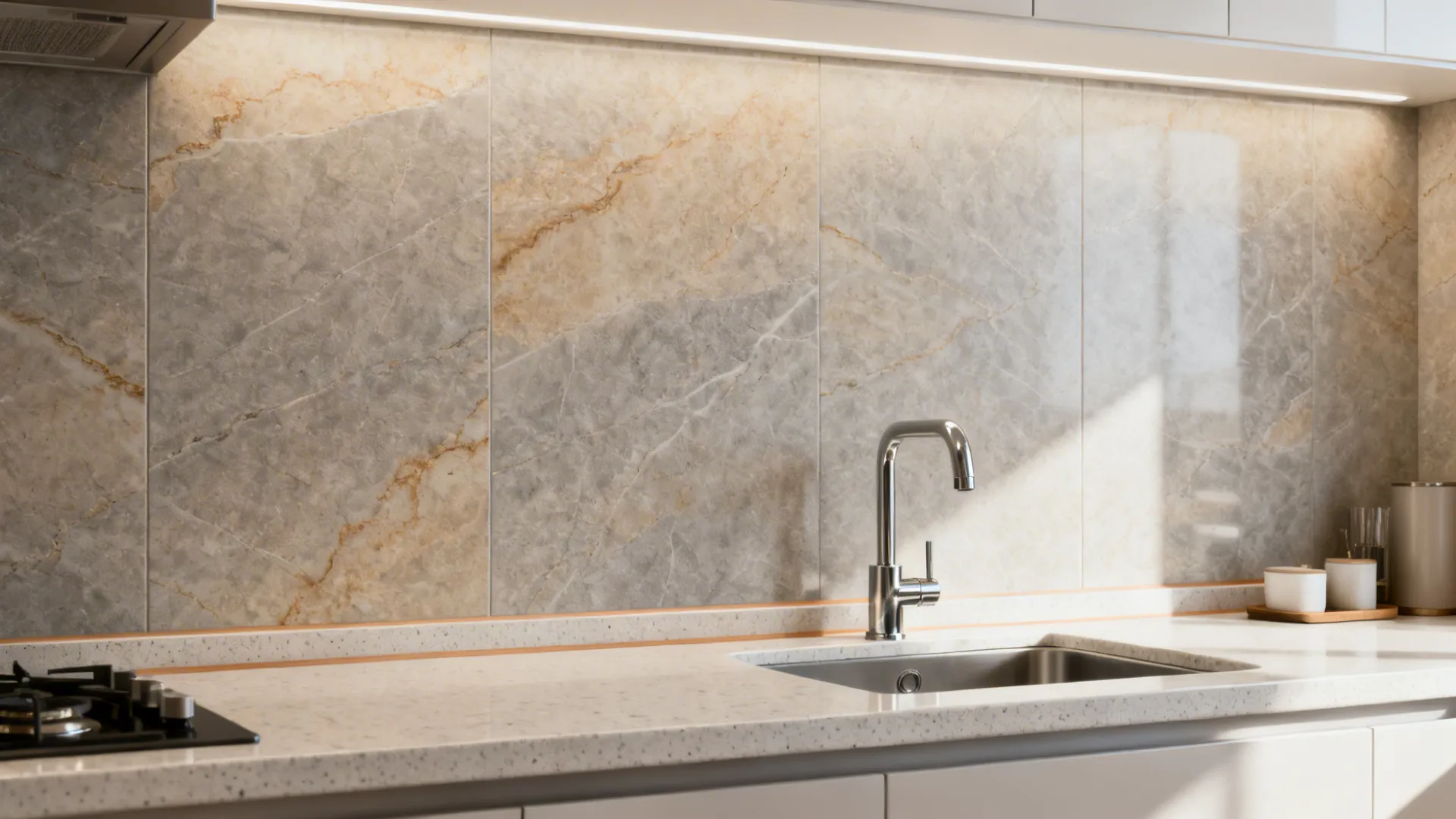Full-height slab-look porcelain backsplash behind a compact kitchen sink.