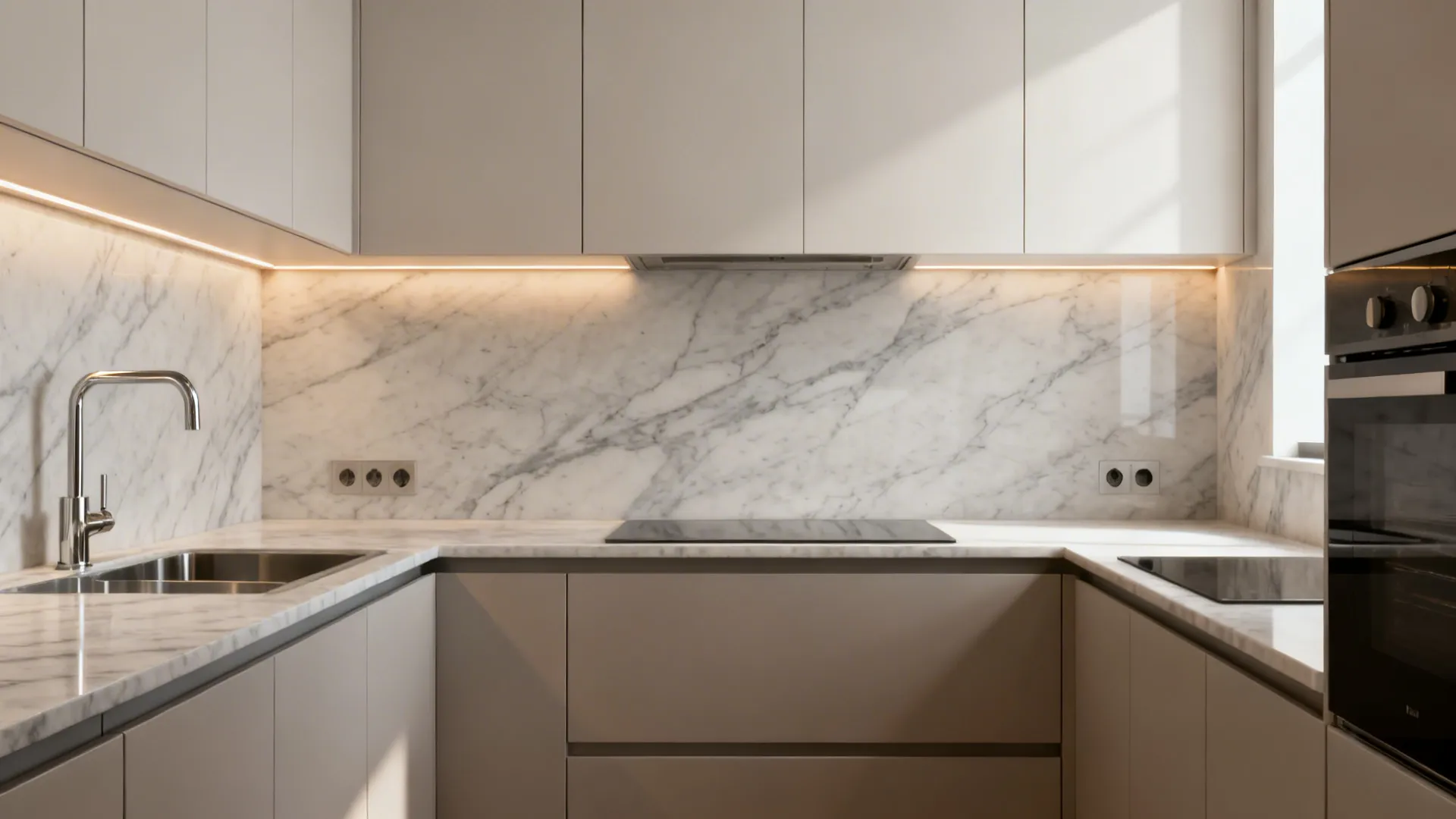 Compact L-shaped kitchen with full-height quartz backsplash and subtle veining.