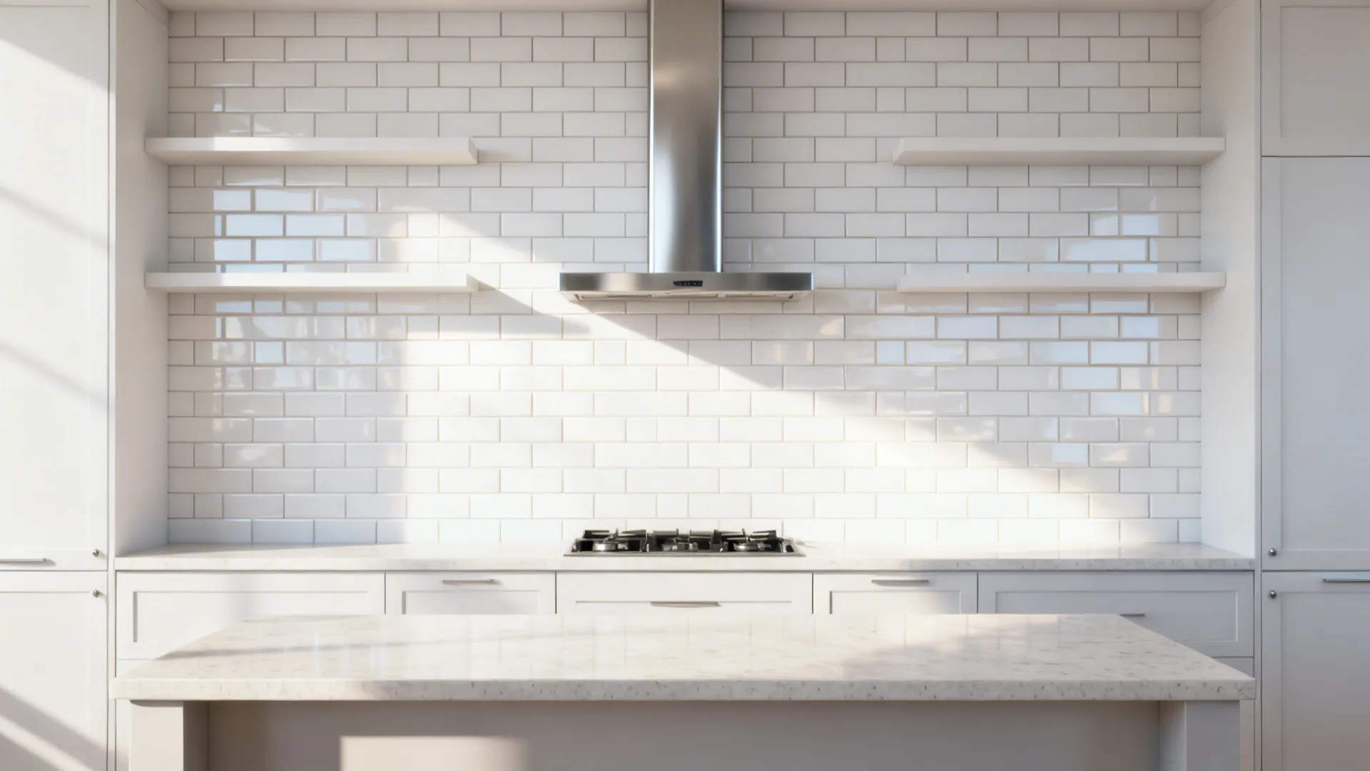 Full-height white subway tile backsplash behind a slim stainless range hood.