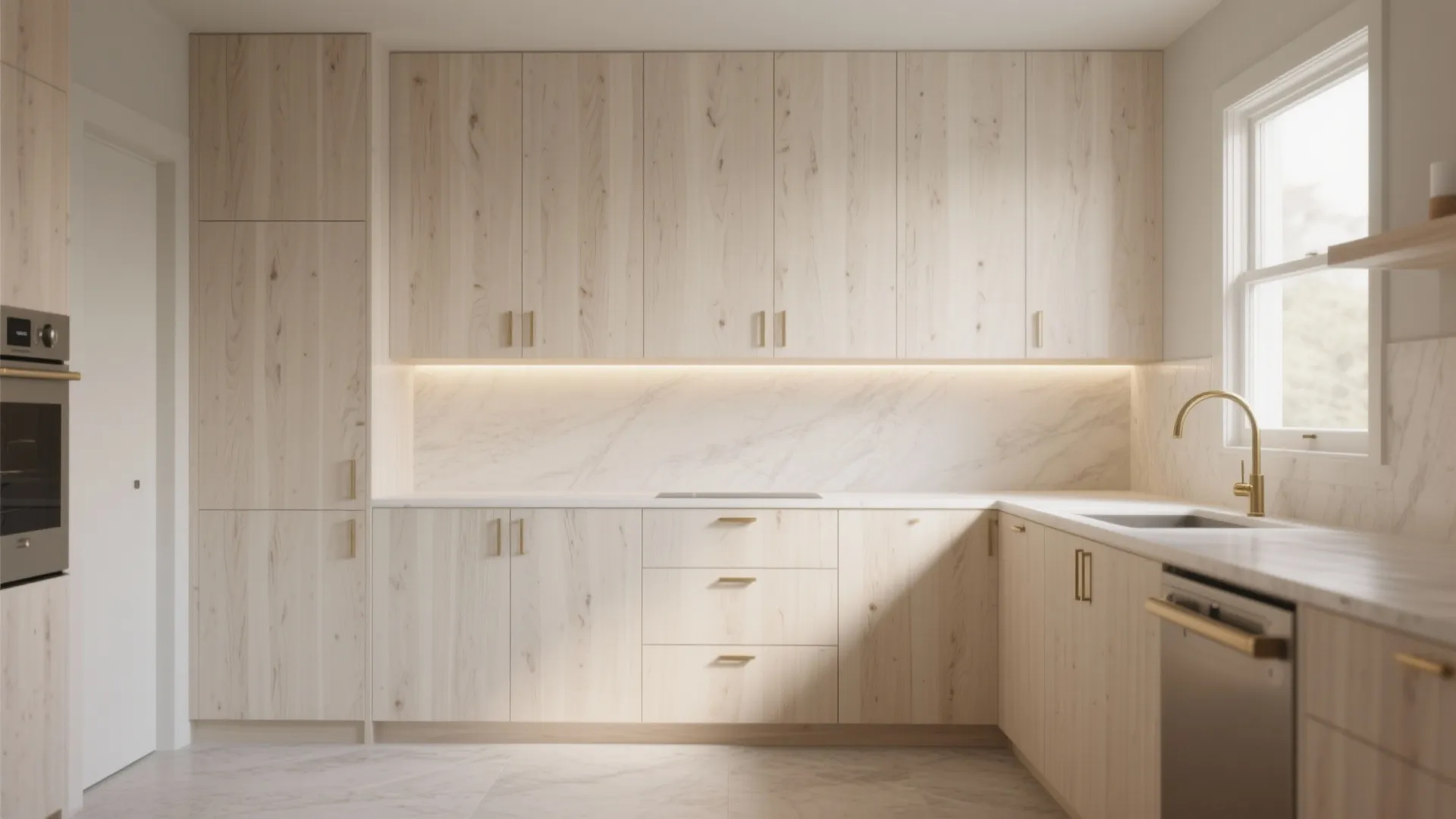 Light wood kitchen cabinets with gold handles marble backsplash and sink near a bright window