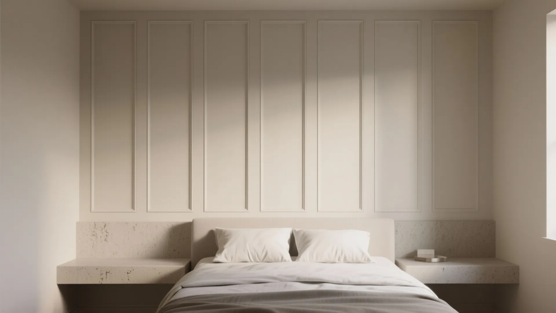 Bed against full-height shaker panels painted in a soft neutral with a slim floating bedside shelf.