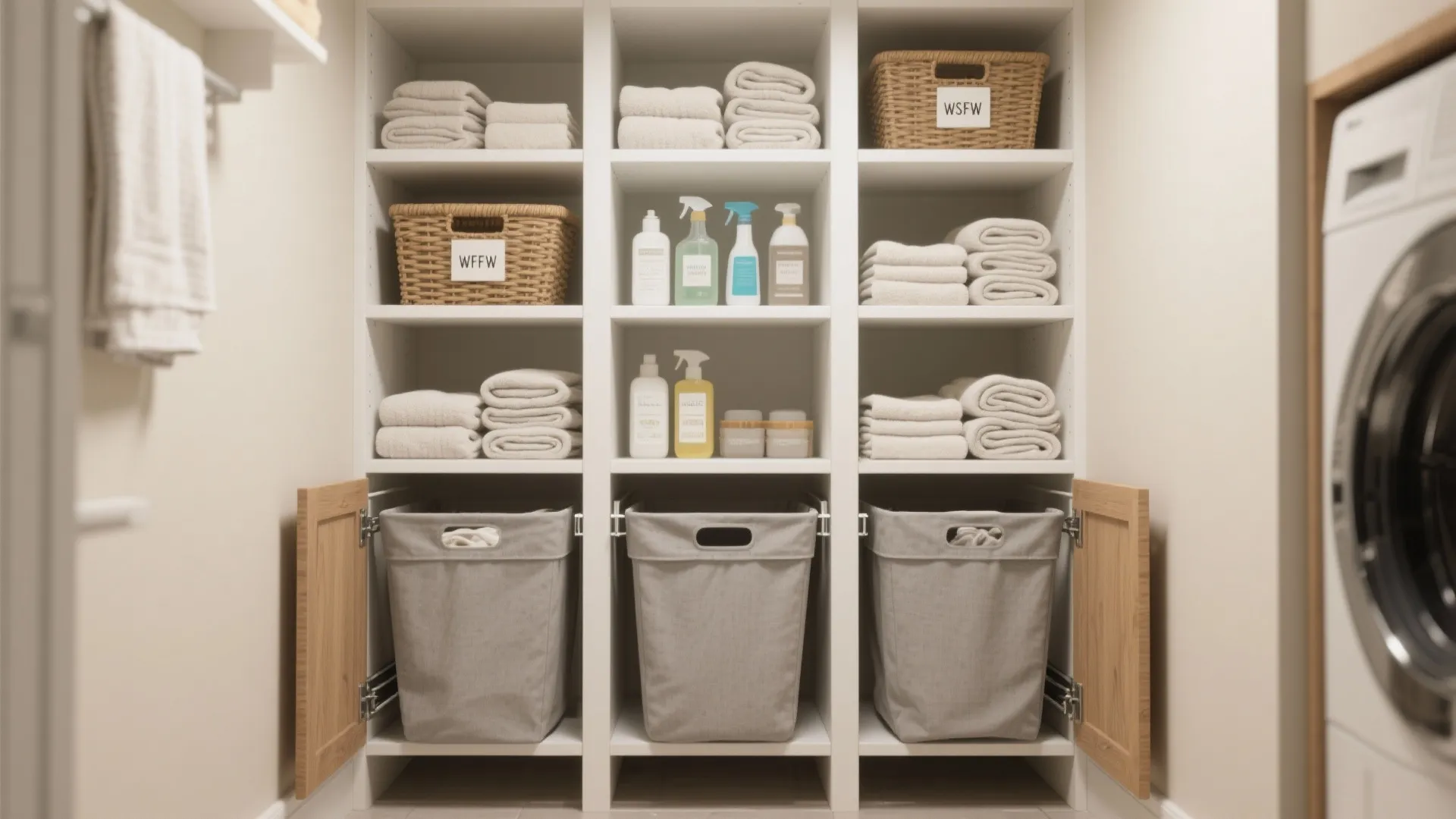 2. Full-height open shelving with pull-out hampers