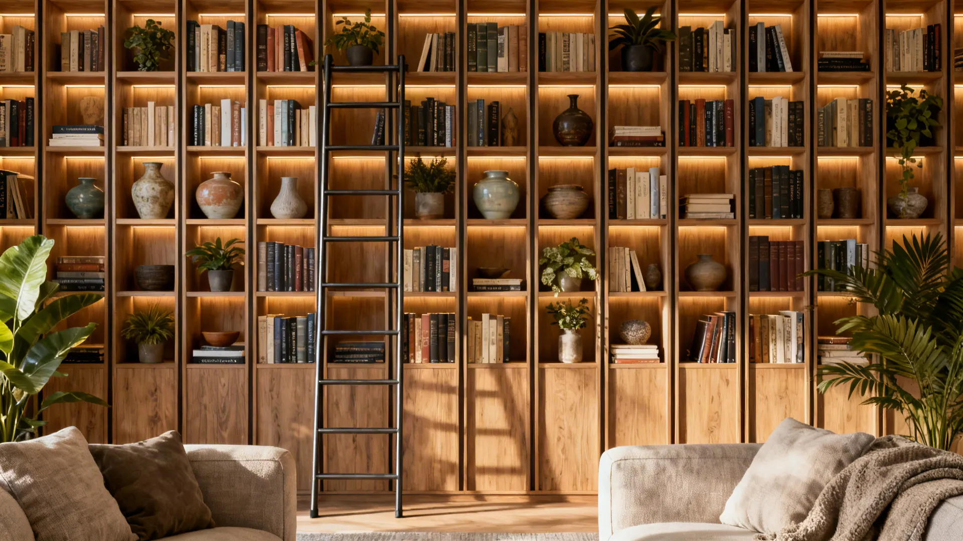 Built-in full-height shelving filled with books, ceramics, plants and integrated lighting.