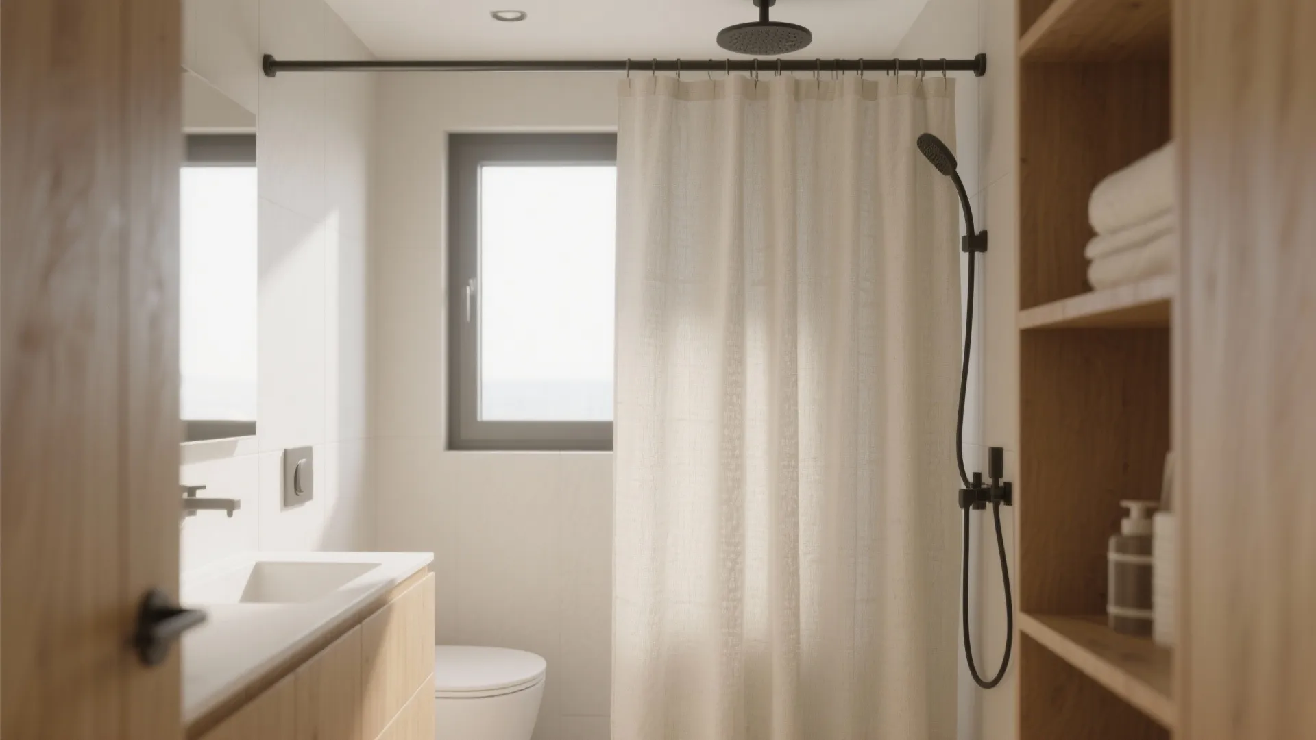 Modern bathroom featuring long beige shower curtain wood shelves white sink and black shower head