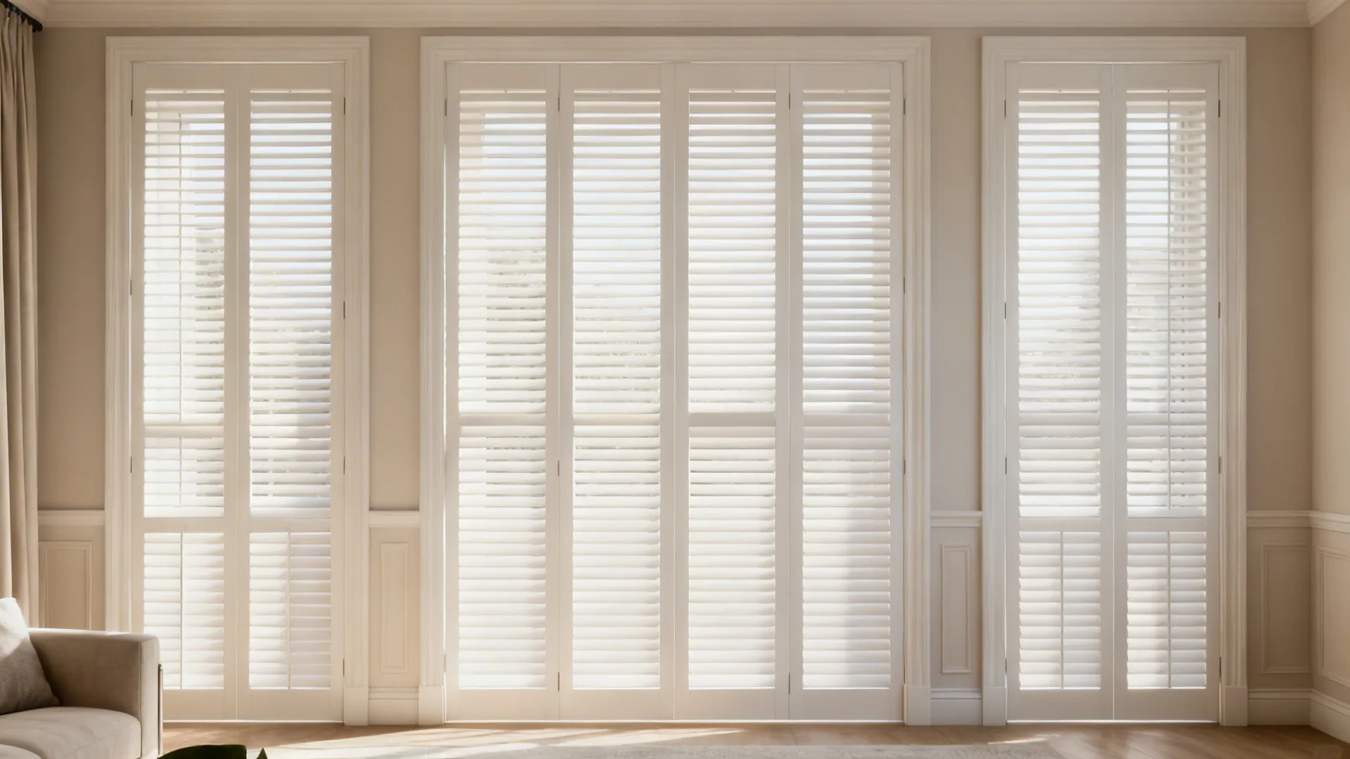 Streamlined wall of full-height plantation shutters in a small living room with minimal decor.