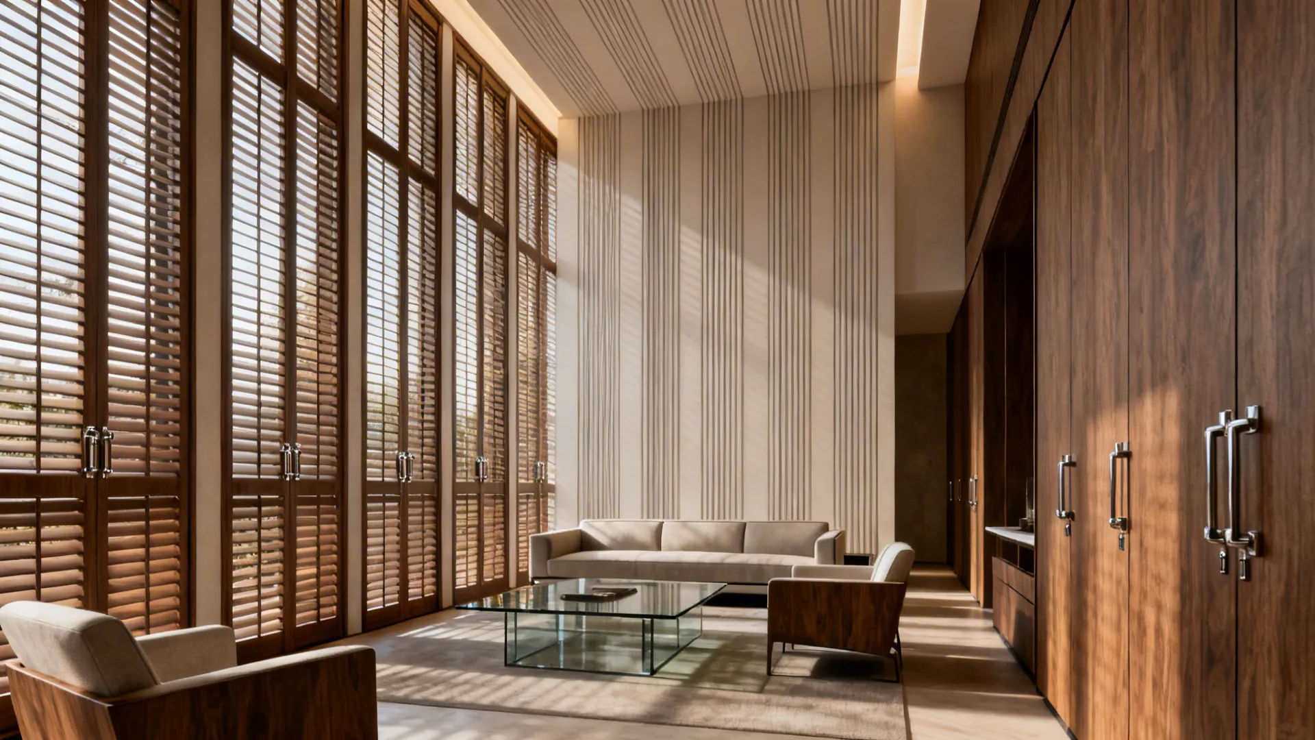 Living room with full-height floor-to-ceiling plantation shutters creating vertical lift and grandeur