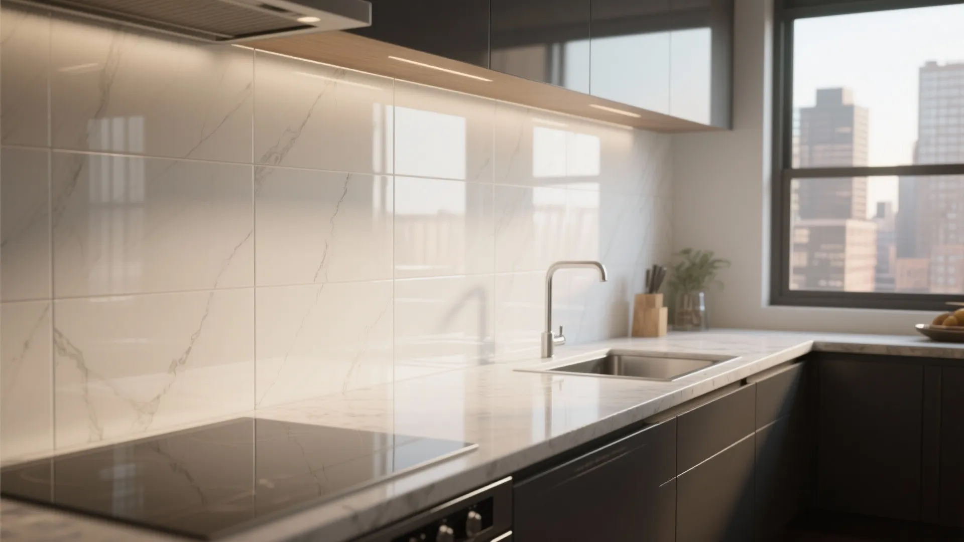 2. Glossy Full-Height Slab for a Seamless Look