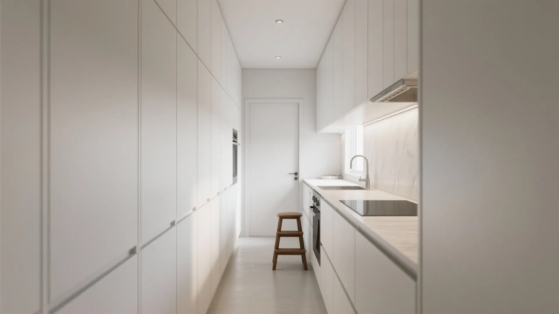 Minimalist white narrow kitchen with full height cabinets a wooden stool and white marble tile