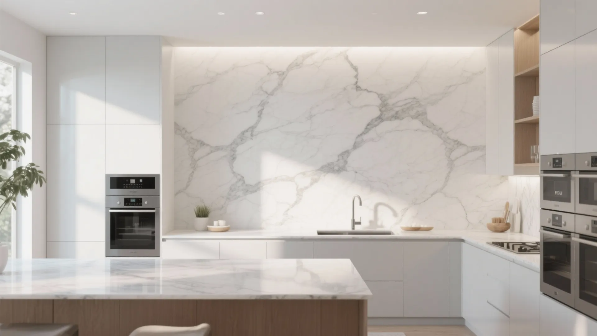 Modern white kitchen with large marble wall panel island silver oven and bright natural light