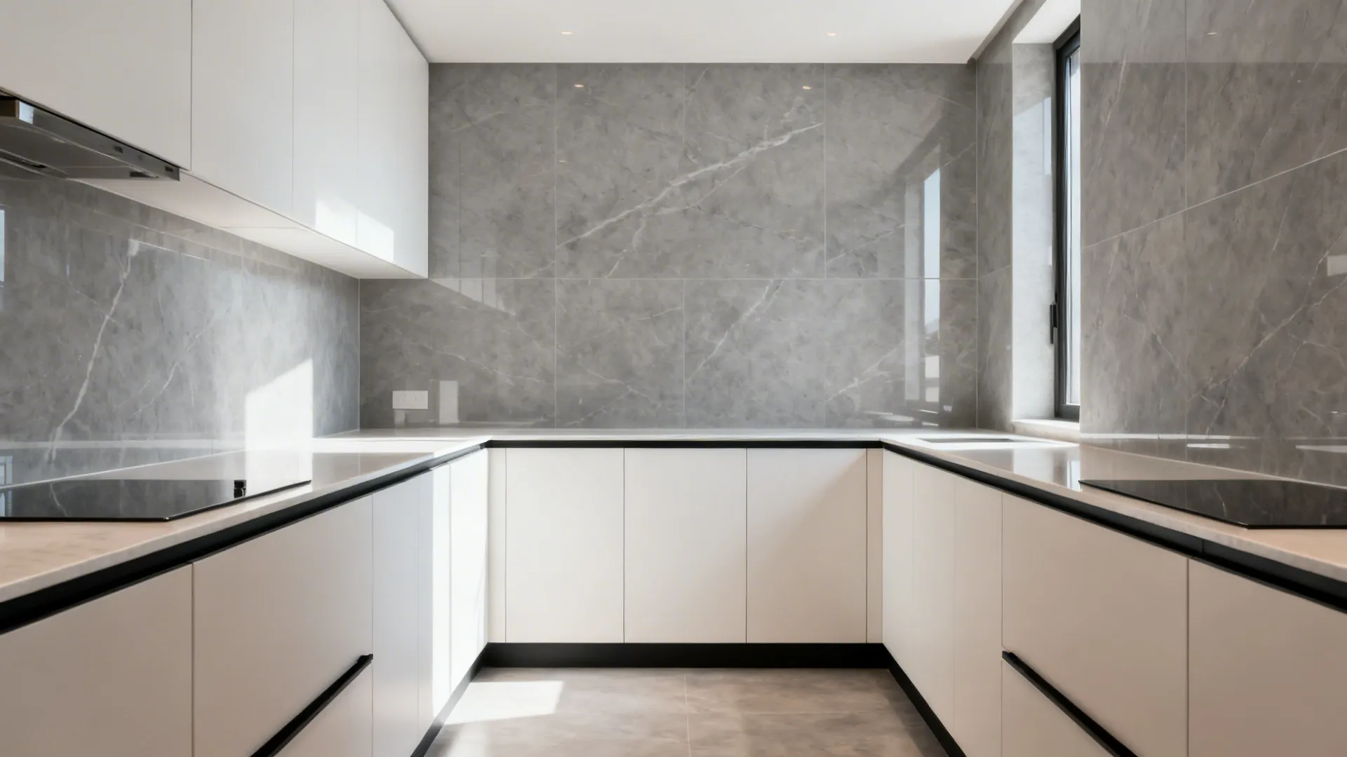 Full-height soft gray porcelain slab backsplash brightening a compact kitchen.