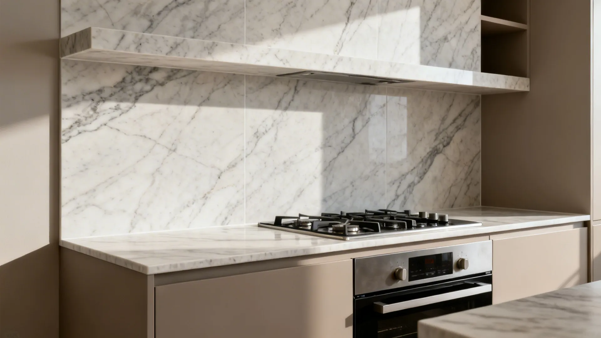 Modern kitchen stove area with marble wall panel and countertop and a built in oven