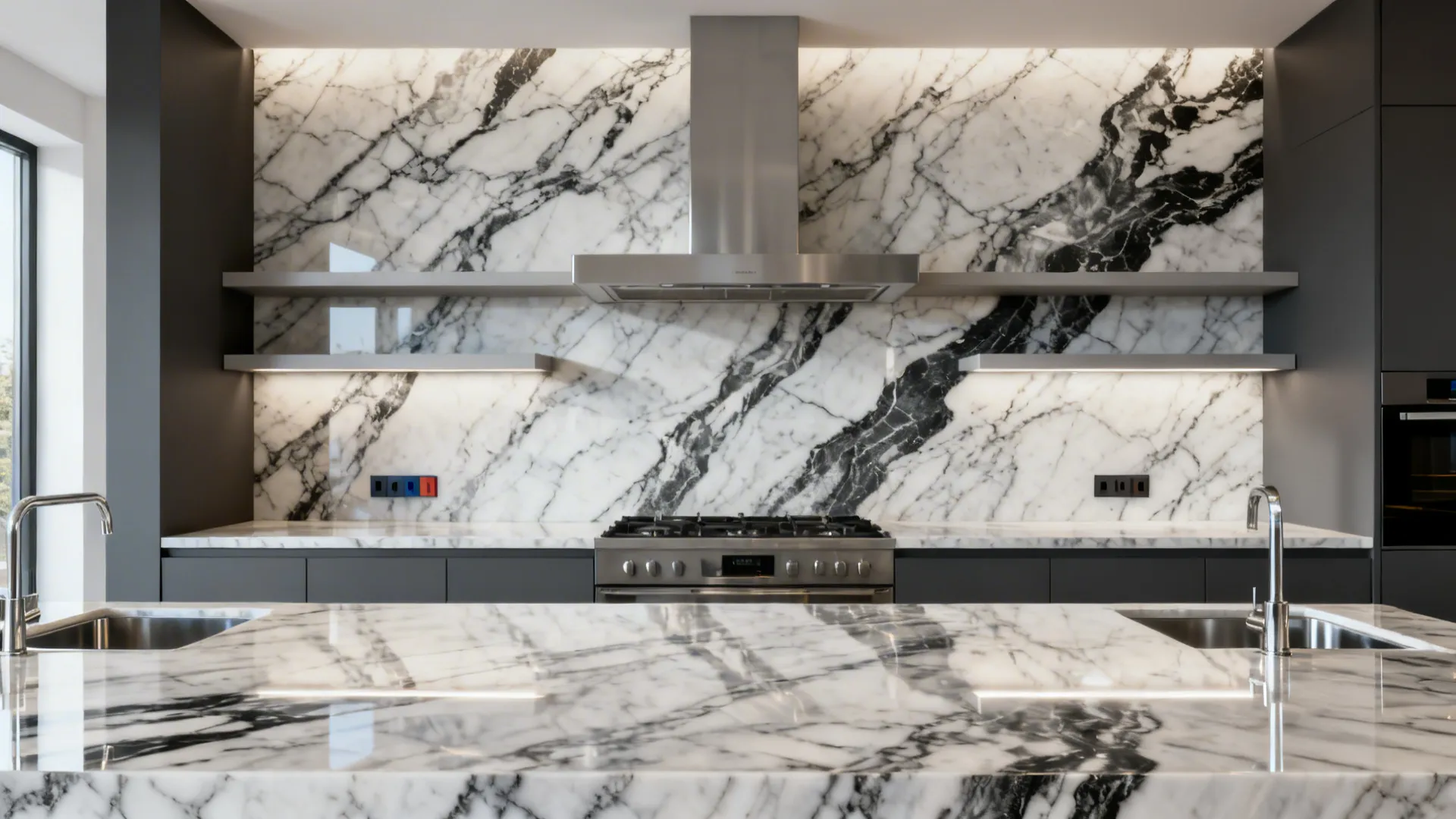 Floor-to-ceiling veined quartz backsplash behind a floating hood with minimal shelves.