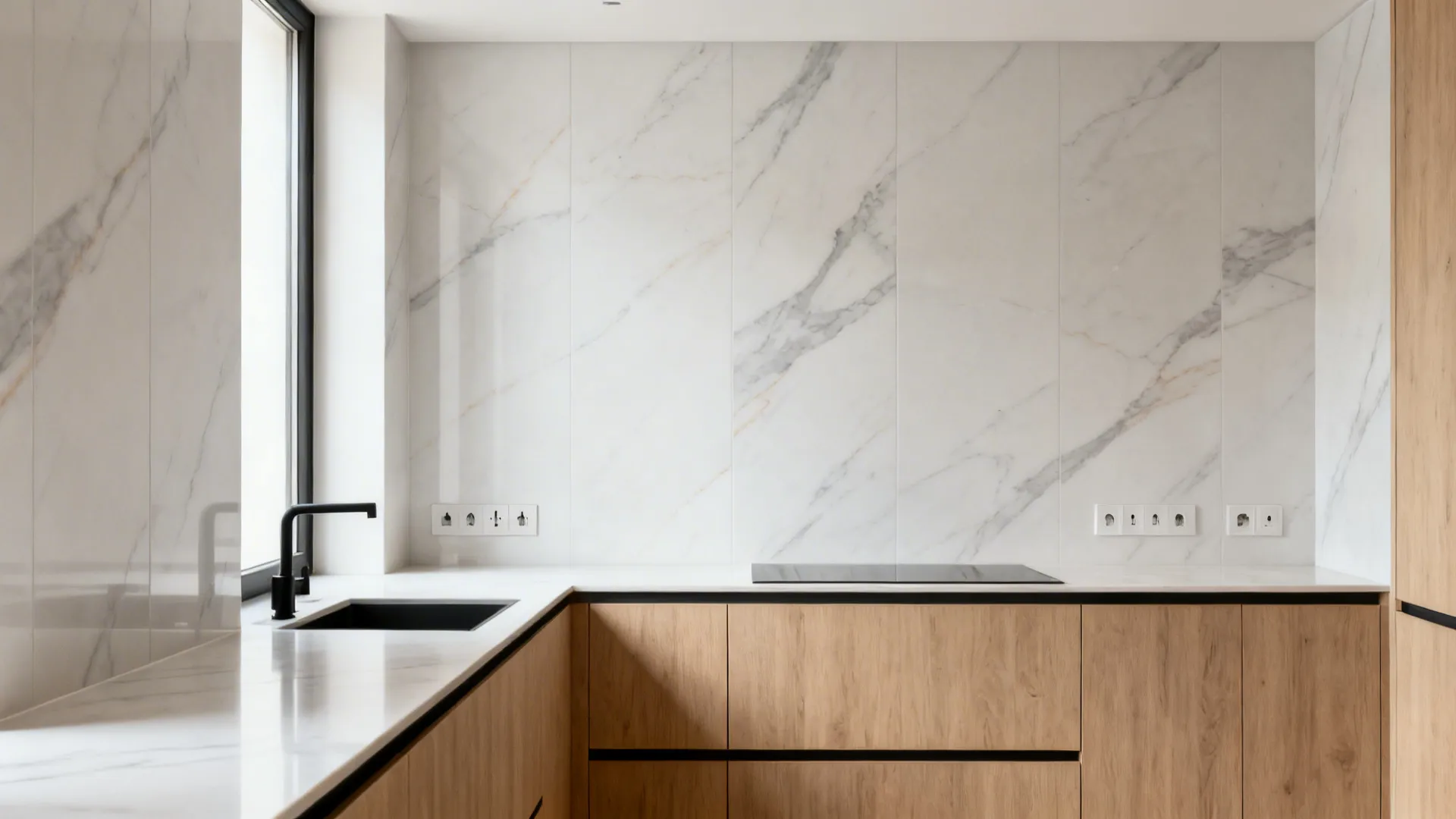 Full-height satin porcelain slab backsplash with subtle veining in a compact modern kitchen.