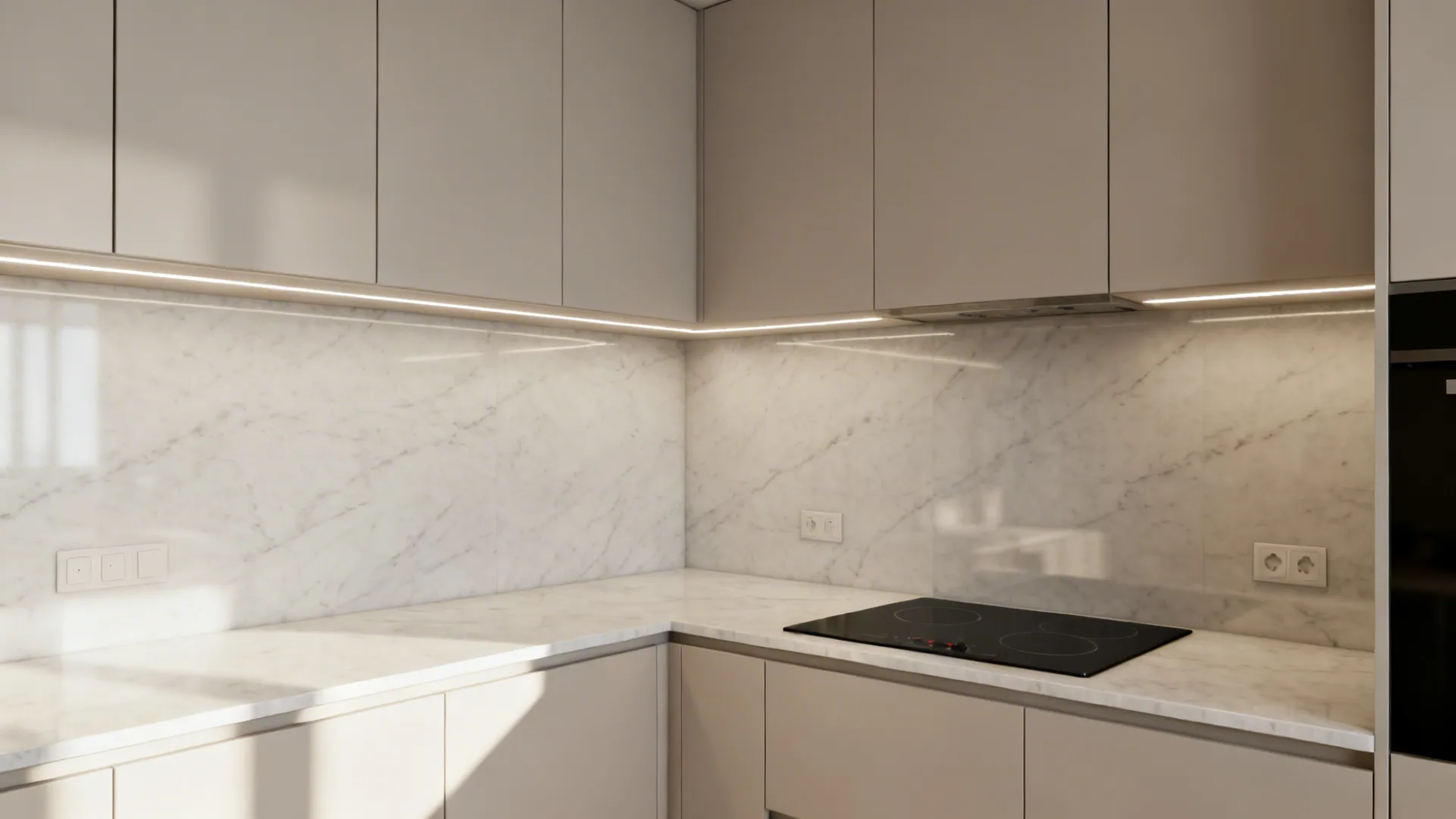 Small kitchen with full-height veined quartz slab backsplash and induction cooktop.
