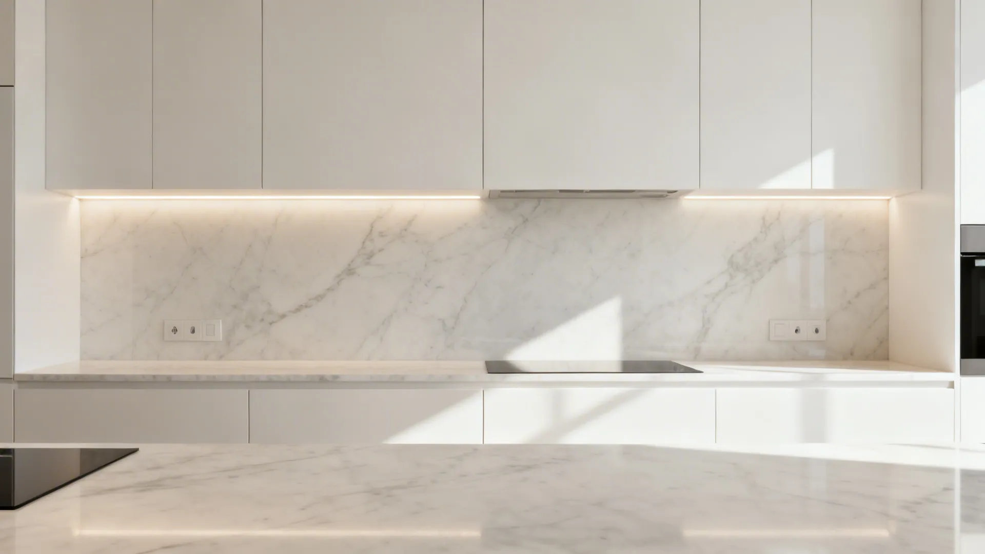 Minimal small kitchen with a full-height light veined quartz slab backsplash.