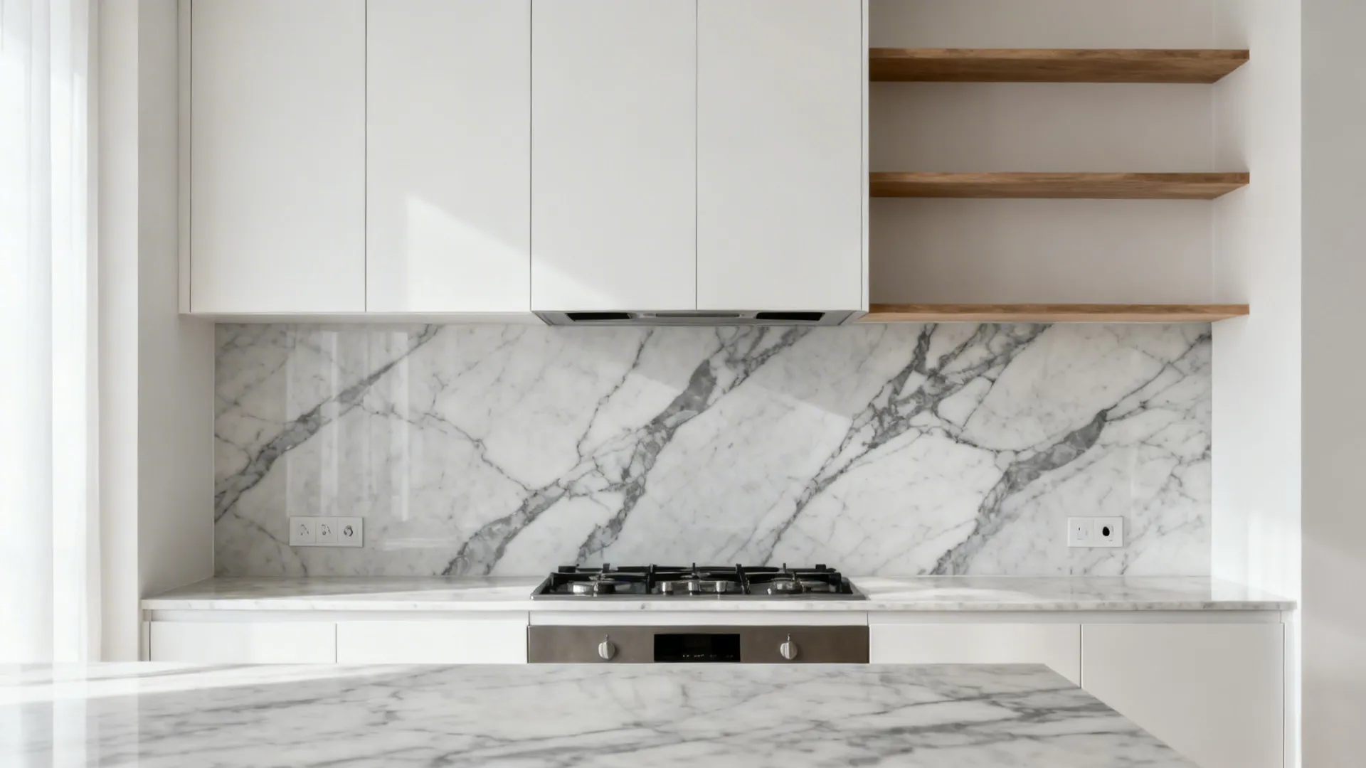 Small modern kitchen featuring a full-height porcelain slab backsplash with subtle gray veining.