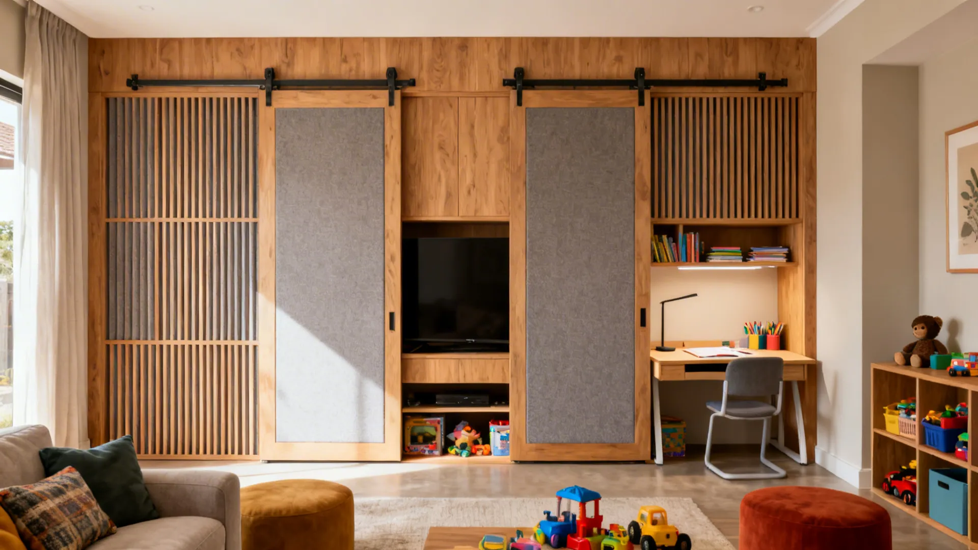Full-height built-in with two sliding panels revealing a TV and a homework station.