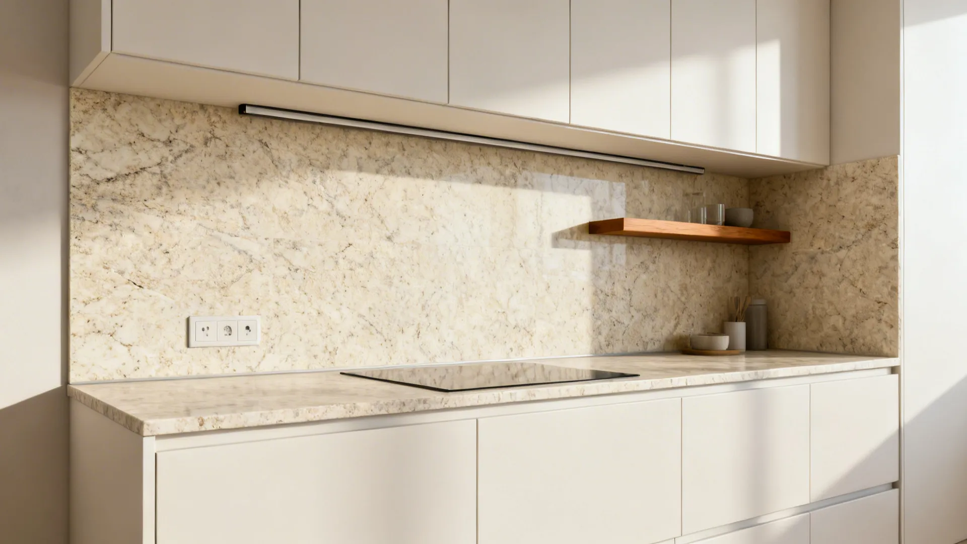 Compact kitchen with creamy granite running from counter to upper cabinets for a seamless wall plane.