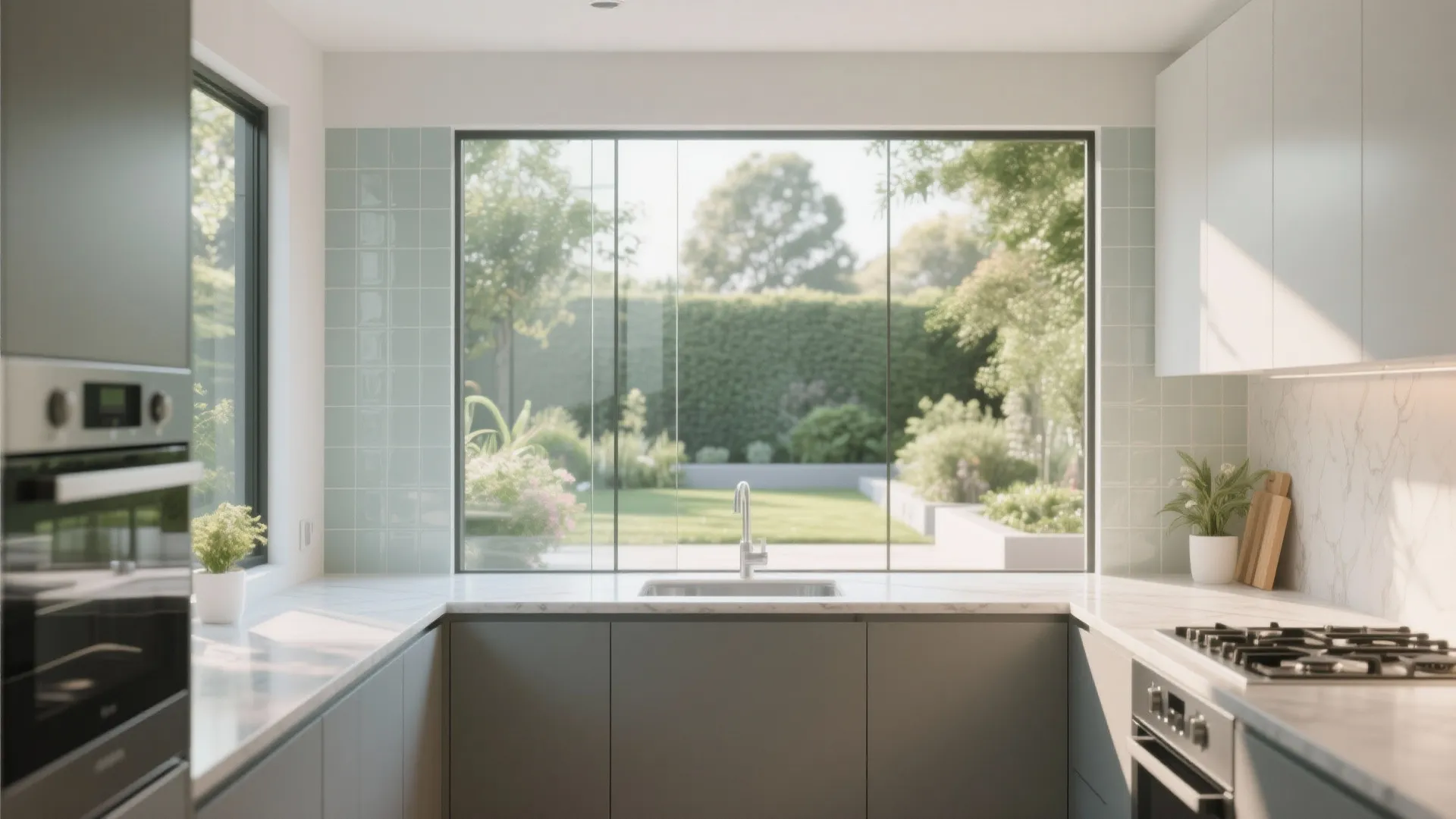 Minimalist grey kitchen with large garden view window green wall tiles and clean white marble surface