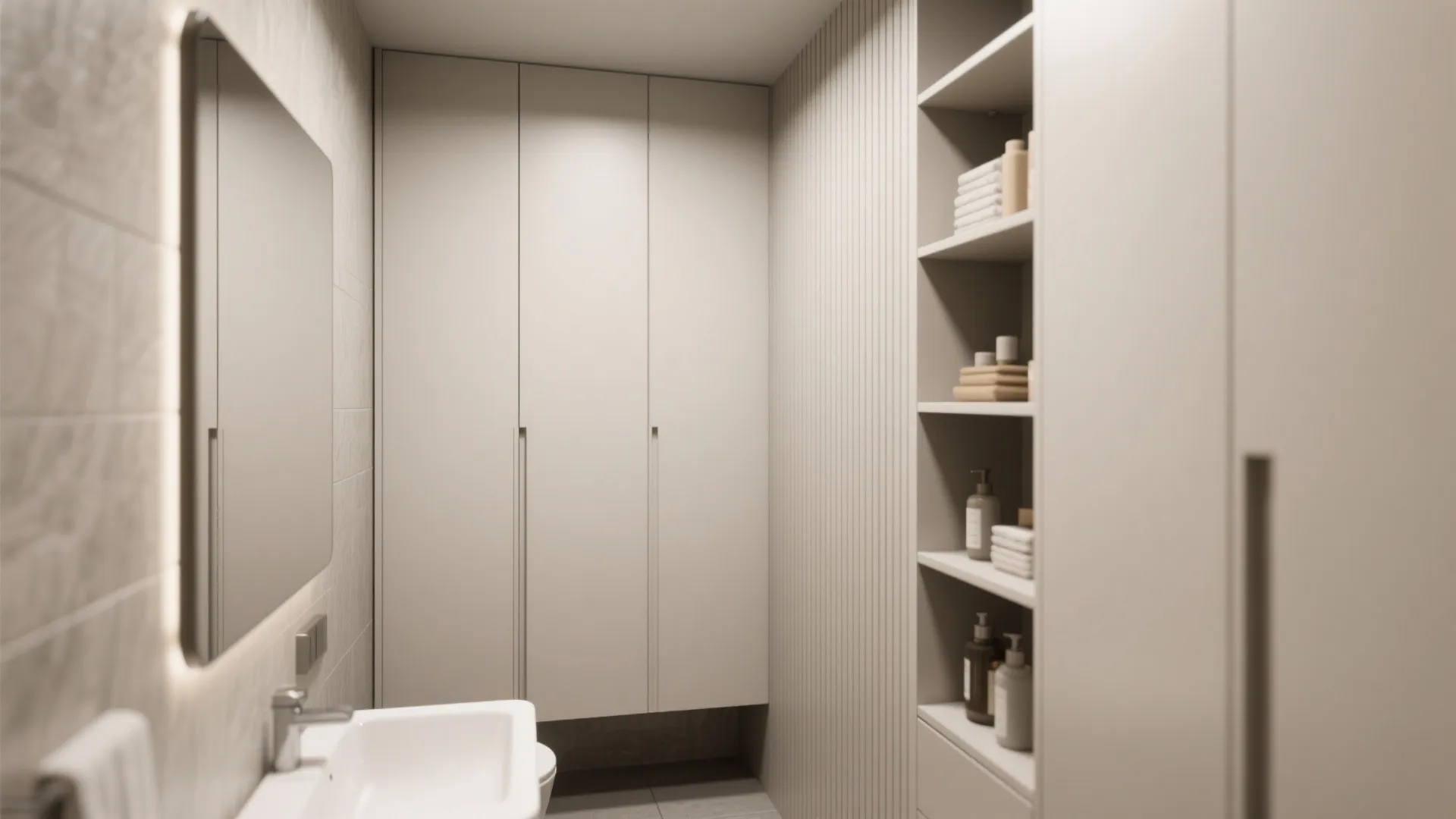 Minimalist bathroom storage area with tall white cabinets and open shelves near a white sink