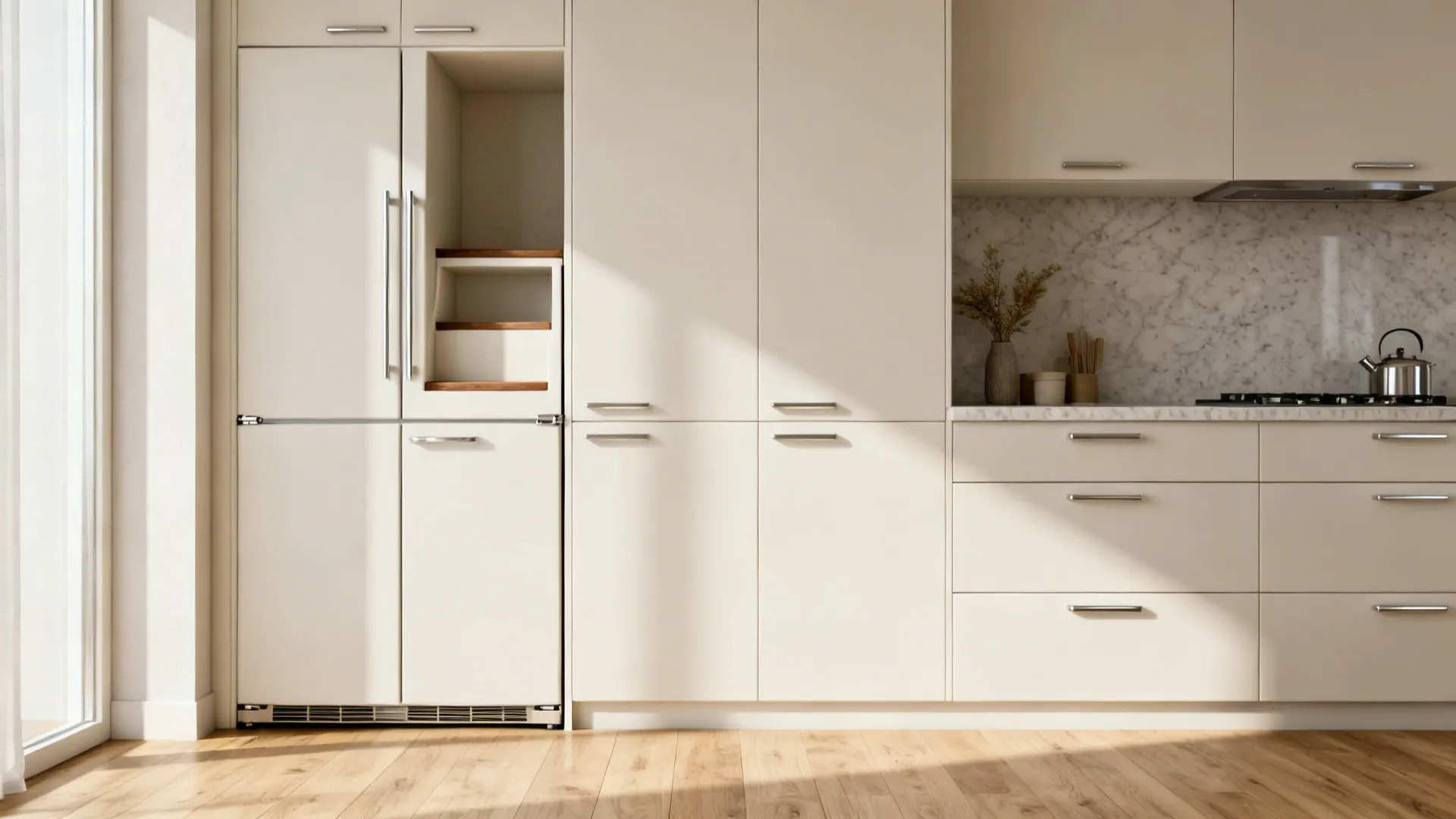 Small kitchen with ceiling-height matte off-white cabinets and integrated pulls creating a calm, clutter-free look.