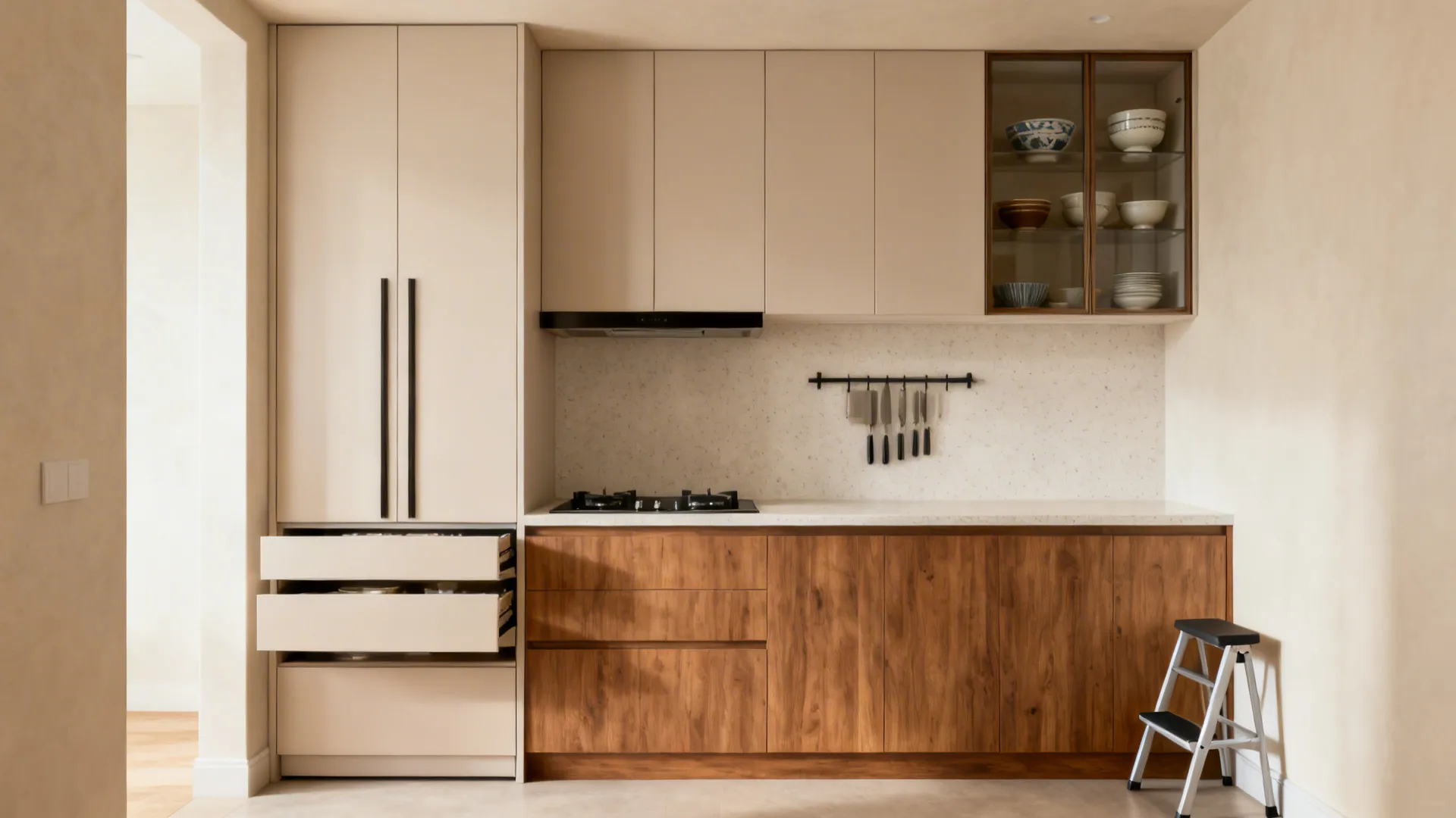 Full-height cabinets with slim pull-outs and a single glass-front unit in a compact kitchen.
