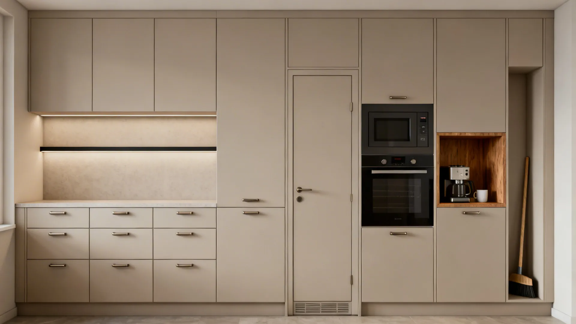 Tall pantry and appliance wall with aligned reveals and a warm wood coffee niche in a compact kitchen.
