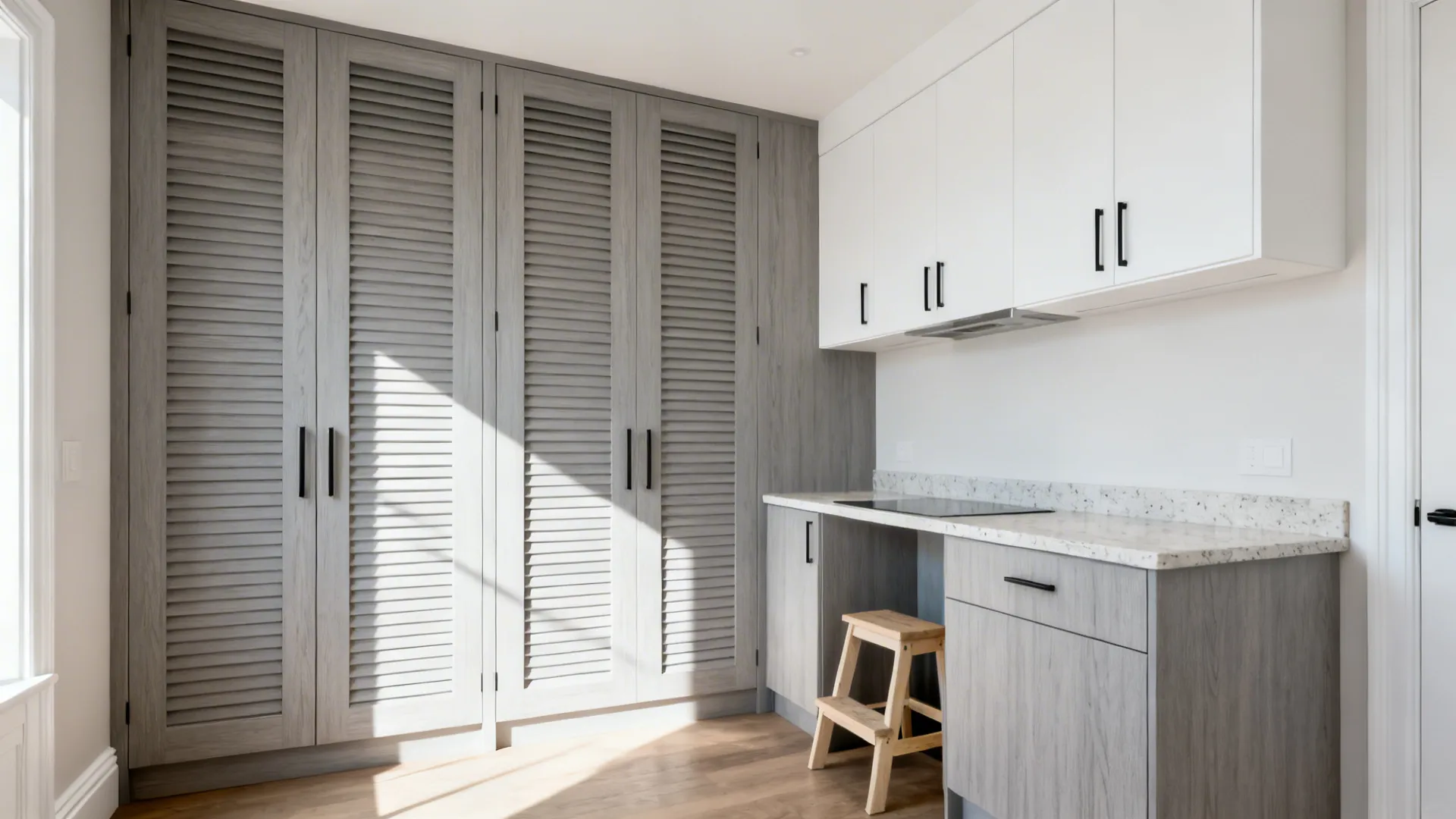 Minimalist compact kitchen with full-height larder units and matte grey shutters in Bangalore.