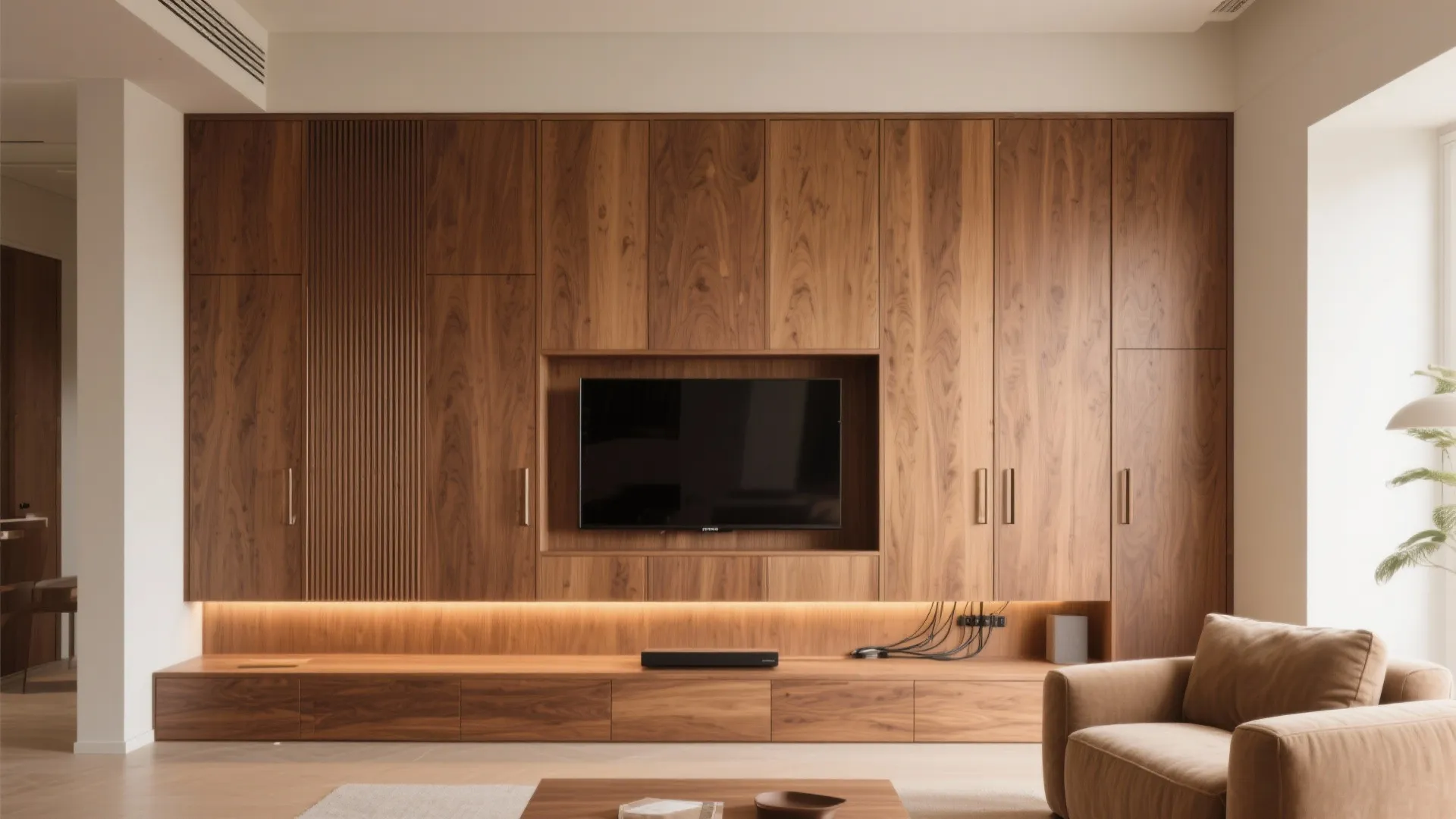 Full-height warm wood storage wall with a centered TV pocket and clean fronts.
