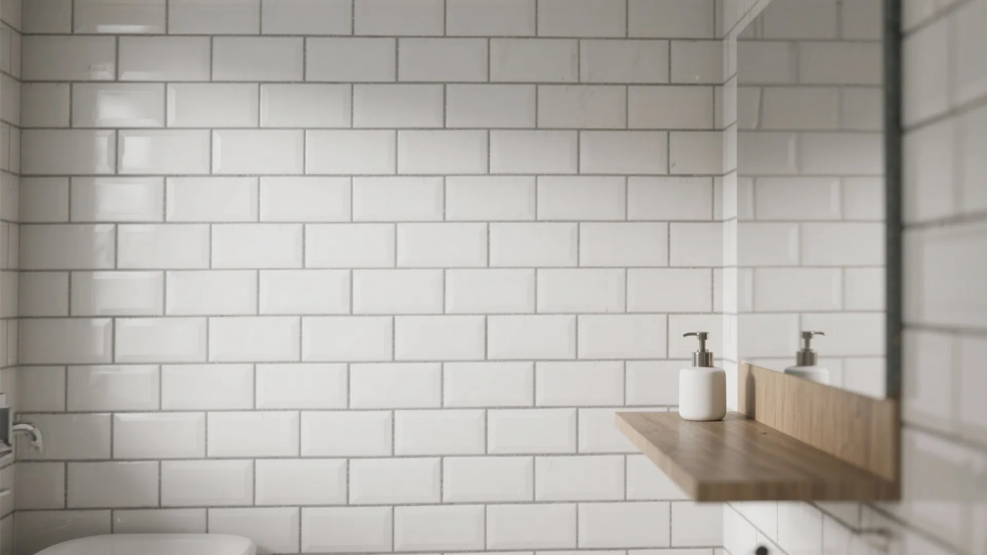 Modern bathroom with white subway wall tiles wooden shelf mirror and a white soap dispenser
