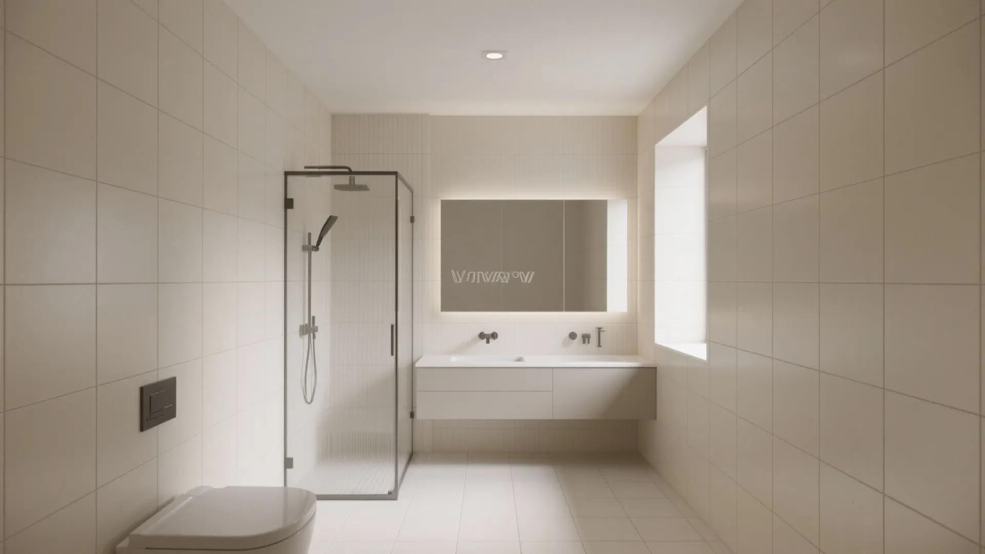Square bathroom with ceiling-height neutral tiles and light-wash grout creating calm vertical lines.