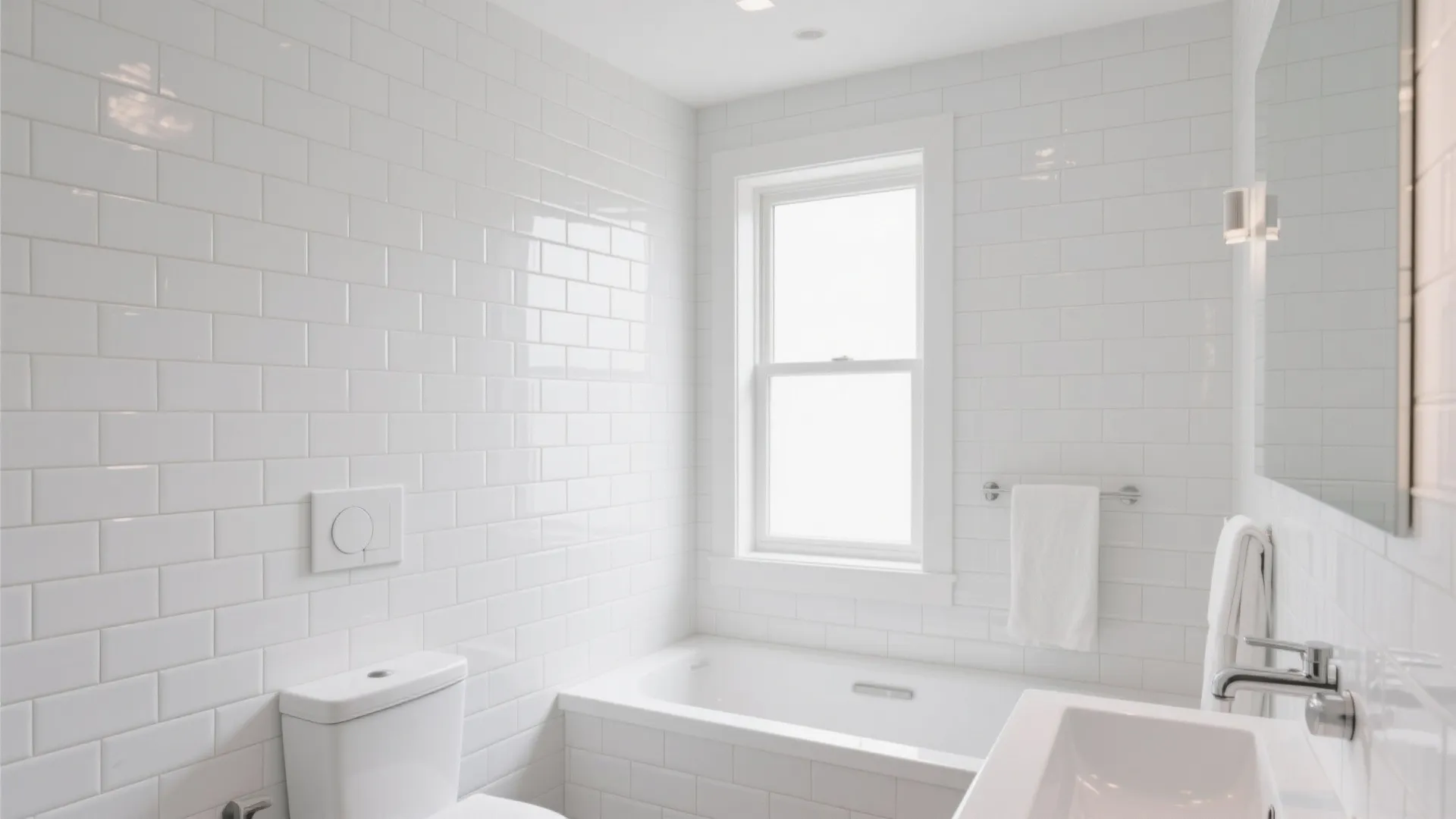 Bright bathroom with white wall tiles bathtub toilet window sink mirror and soft warm natural light