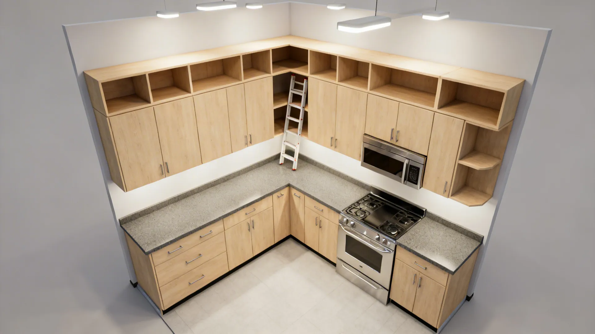 Top-down layout showing stacked ceiling-height uppers and ladder storage position.