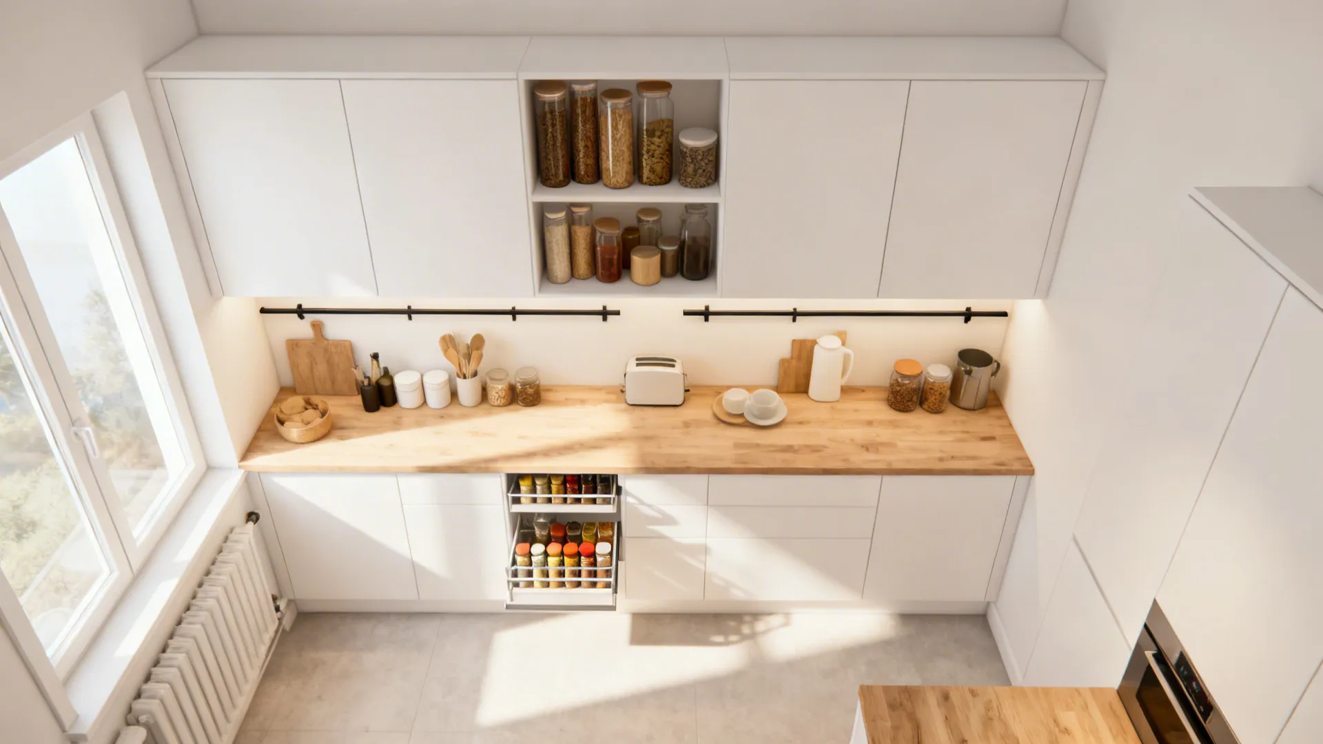 Top-down view of a small kitchen with full-height uppers and clearly zoned storage.