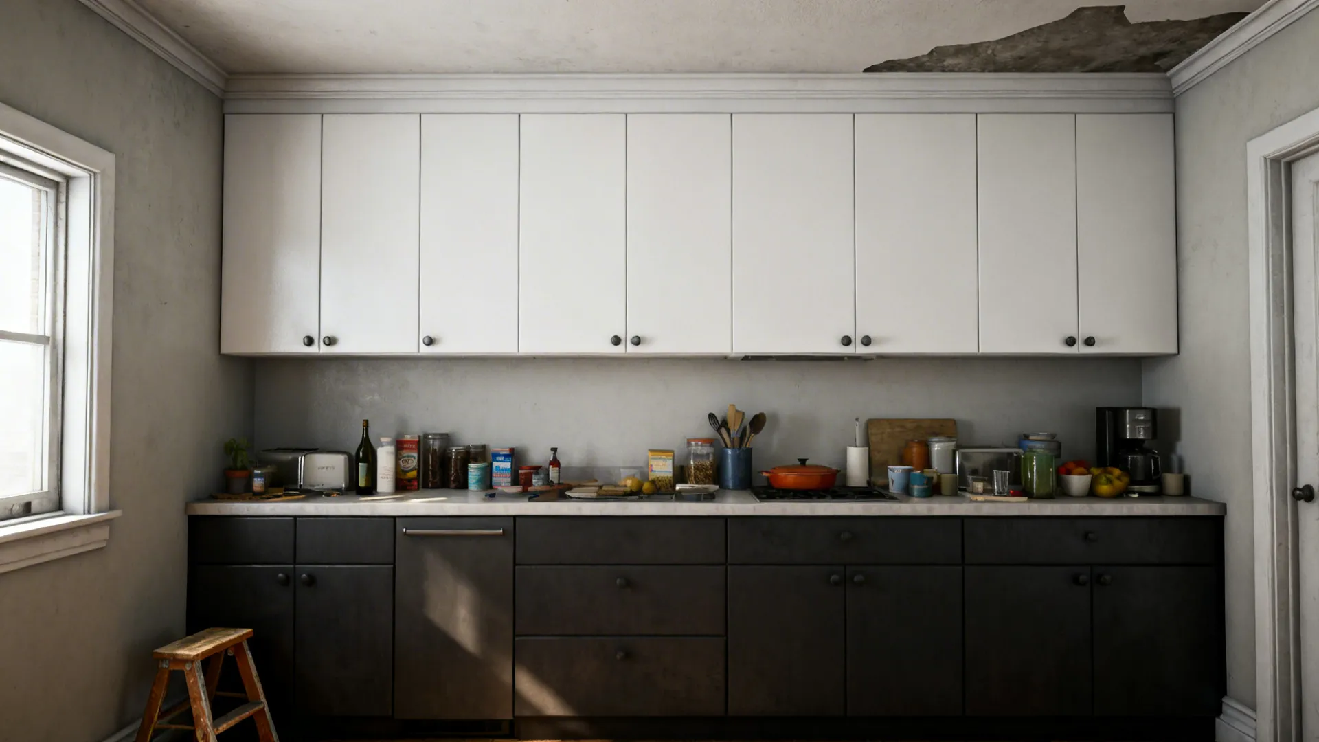 Small urban kitchen with two-tier upper cabinets extending to the ceiling.
