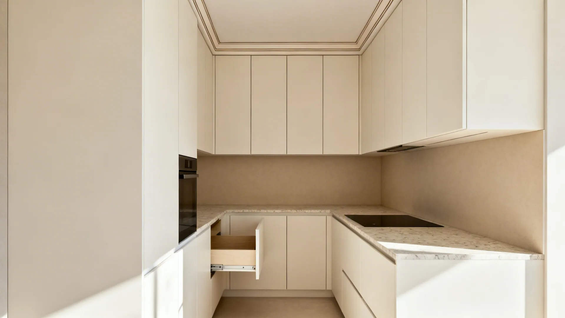 Full-height warm-white upper cabinets to the ceiling in a narrow small kitchen.