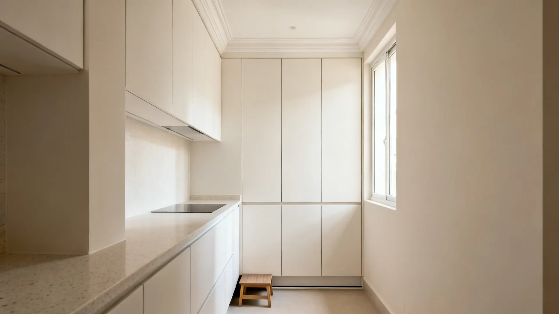 Full-height handleless white upper cabinets in a compact galley kitchen reaching the ceiling.