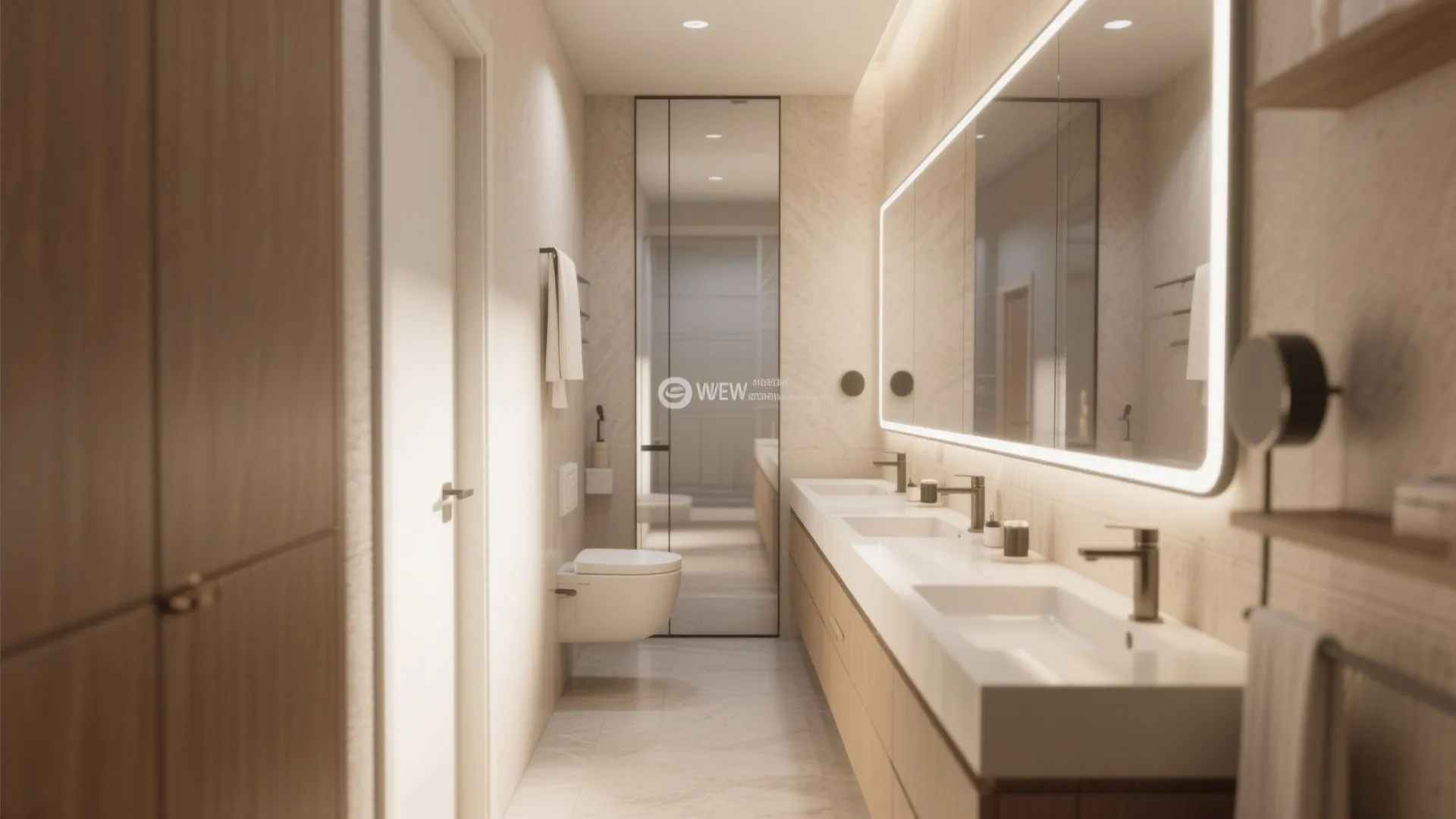 Modern bathroom featuring long double sink vanity large lit mirror toilet and warm neutral tiles