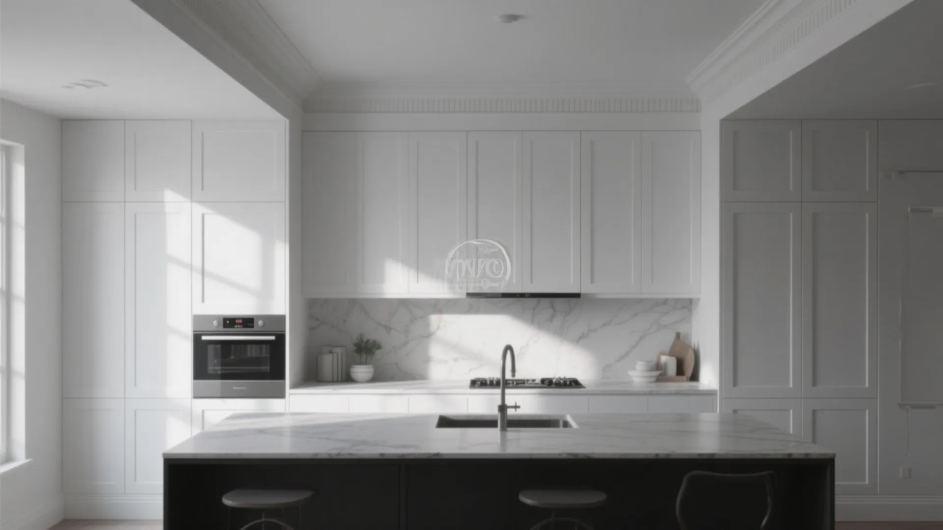 Modern white kitchen with marble island sink oven and wall panel design in bright light