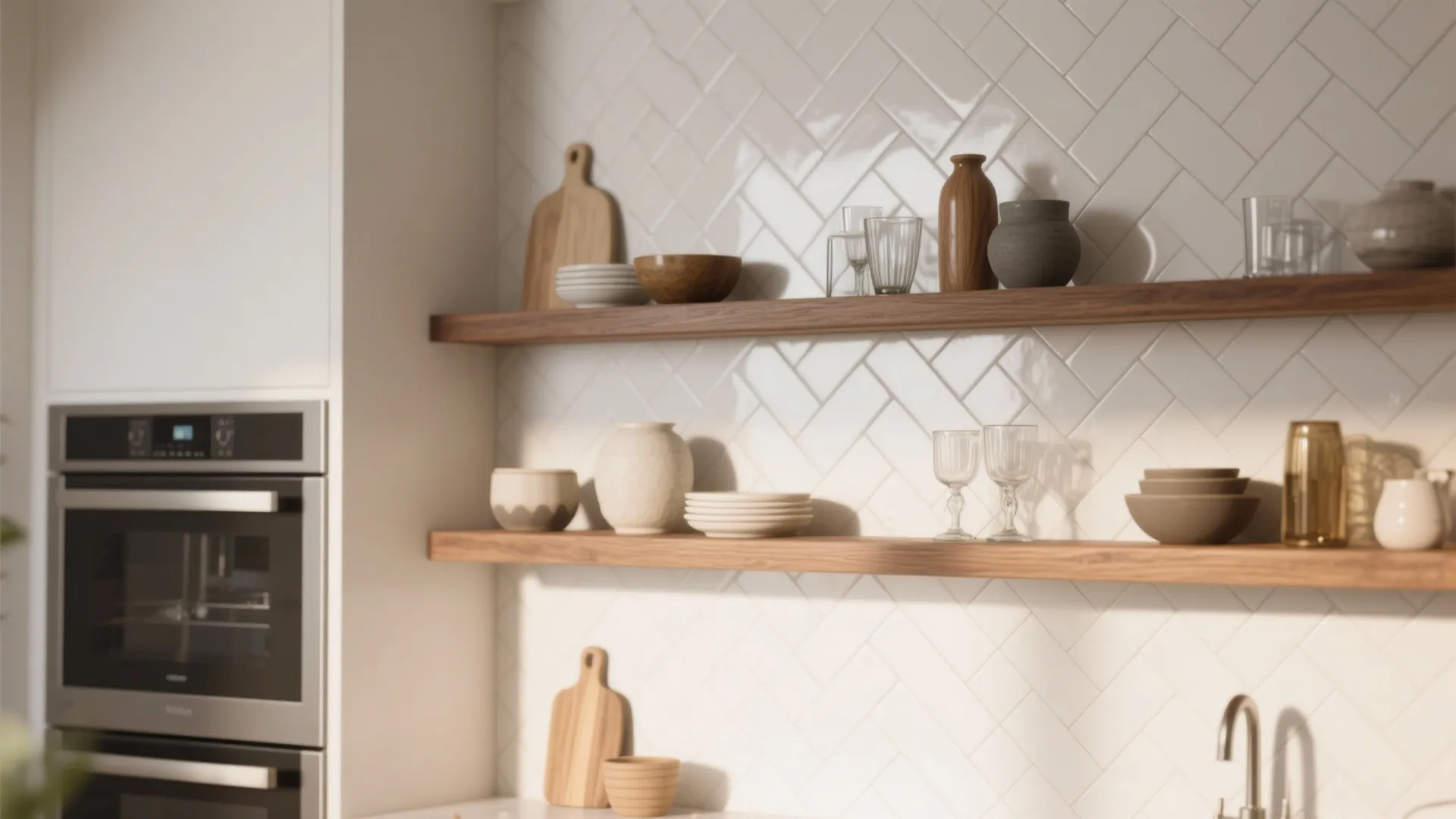 1. Full-height white herringbone behind open shelving