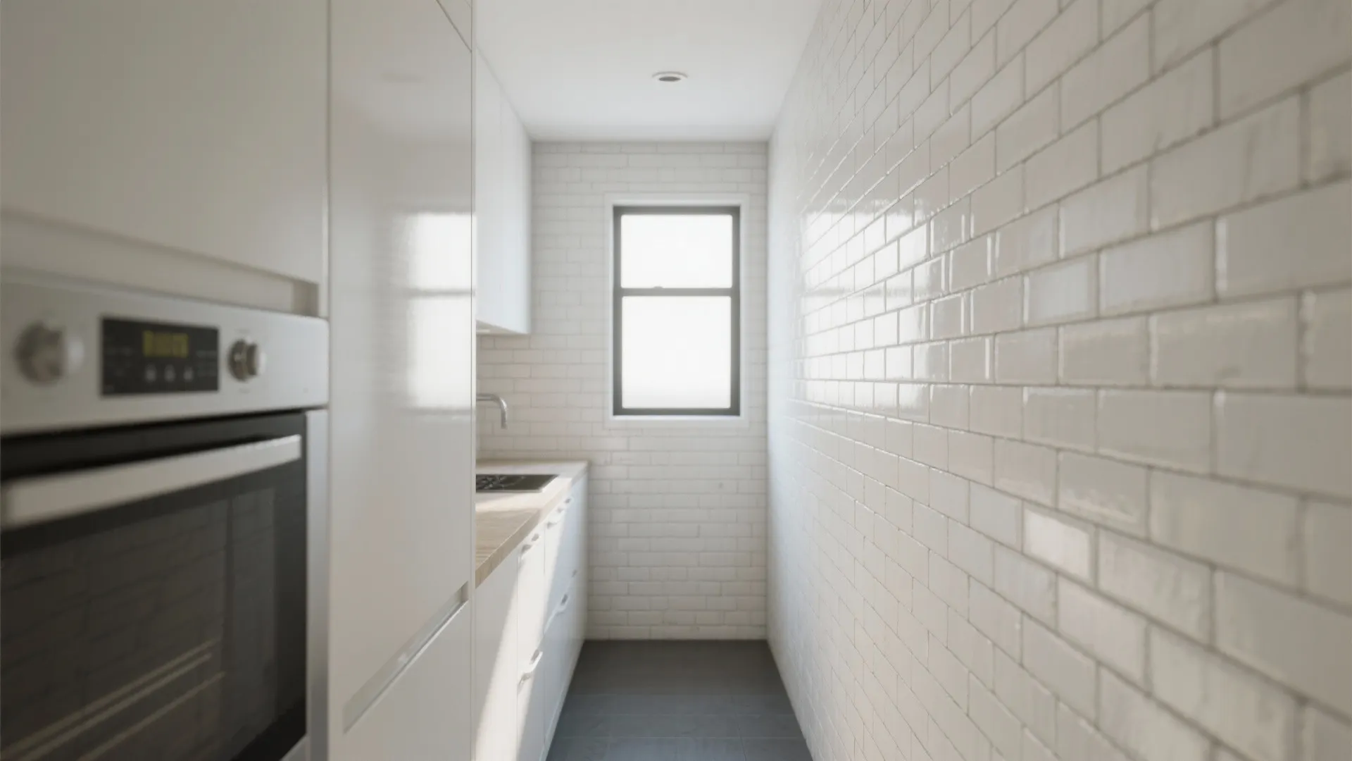 Modern narrow white kitchen with glossy brick wall tiles wooden countertop oven and small window