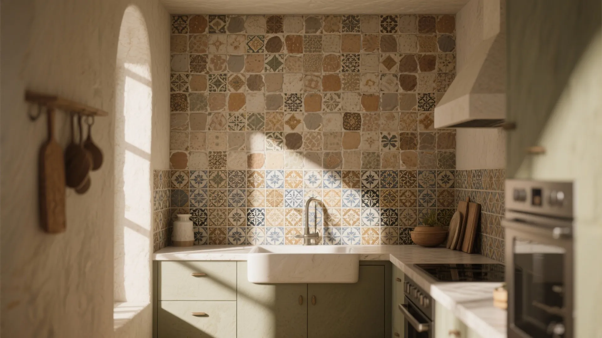 Rustic kitchen featuring patterned wall tiles white sink green cabinets oven and sunlight from arched window