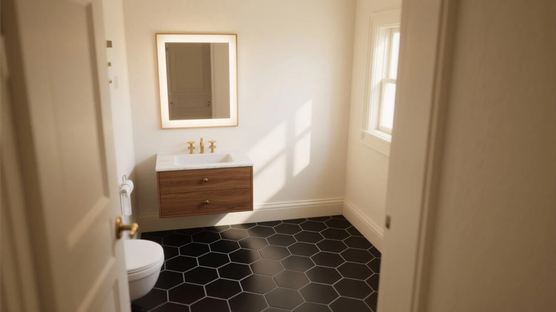 1. Full matte black hexagon floor, warm walls