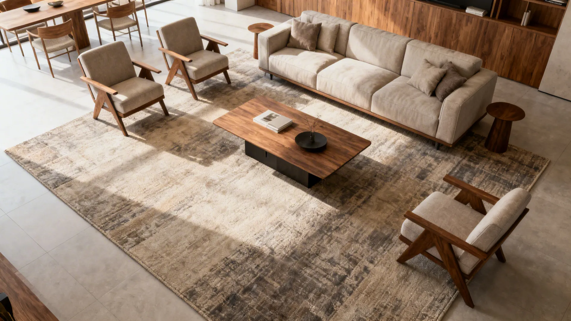 Living room where all furniture legs sit on an oversized rug creating a unified seating area