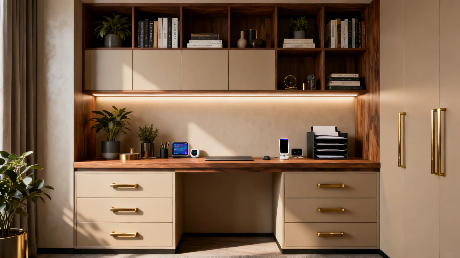 Wall-to-wall built-in desk with upper shelves and lower cabinets, neatly organized and well-lit.